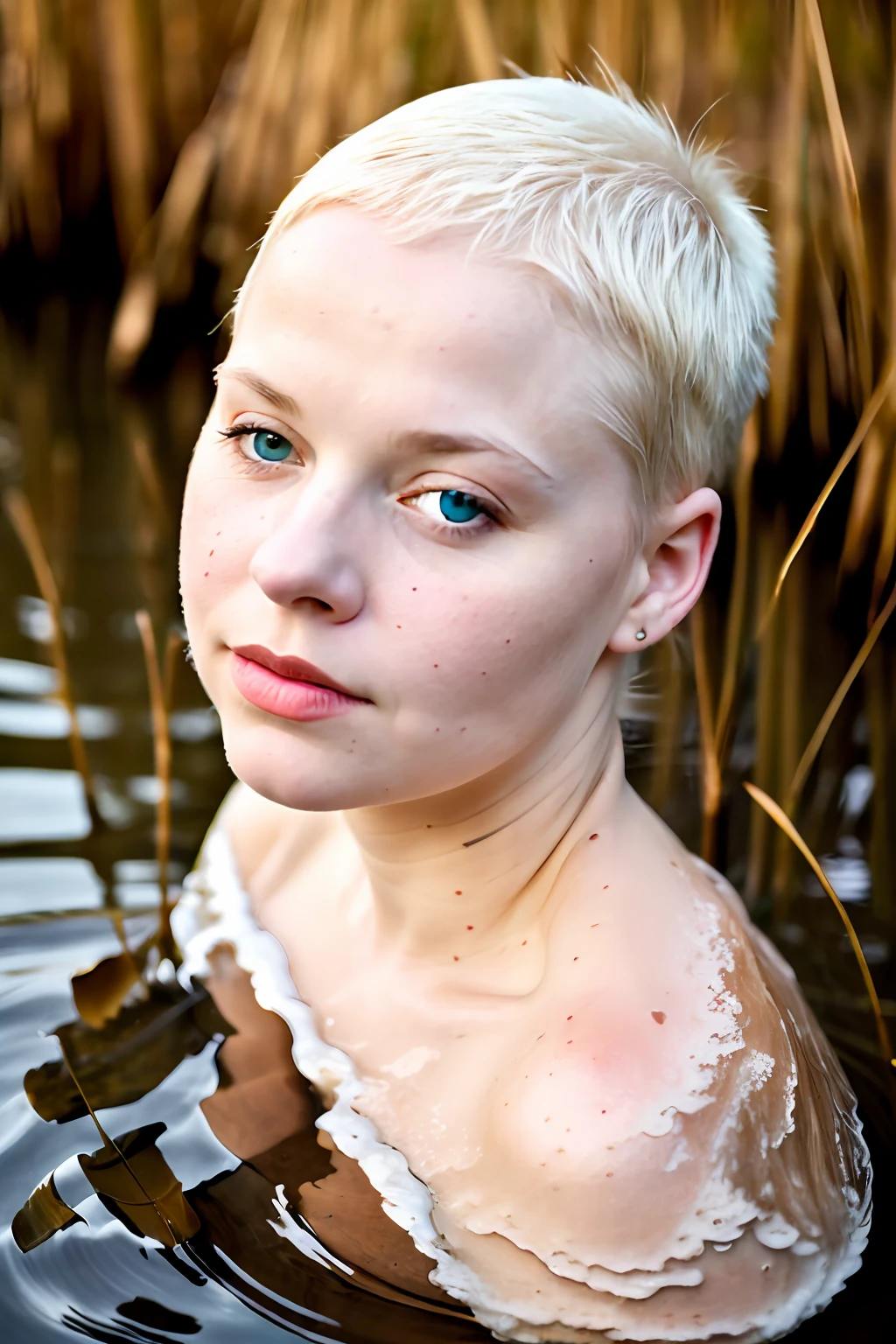 close up portrait of a stunning [albino woman] bathing in a river, reeds, detailed lips, [heterochromia eyes], big cheeks, gigantic breasts, chubby cheeks, albino pubic hair, (albino eyebrow), albino skin, albino hair