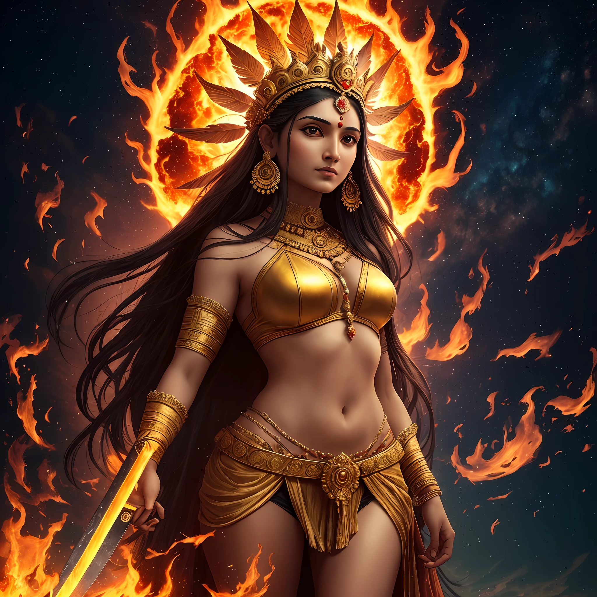 An ancient Indian goddess, holding a machete, standing on the earth, golden crown, body light, background sky full of a sea of fire.