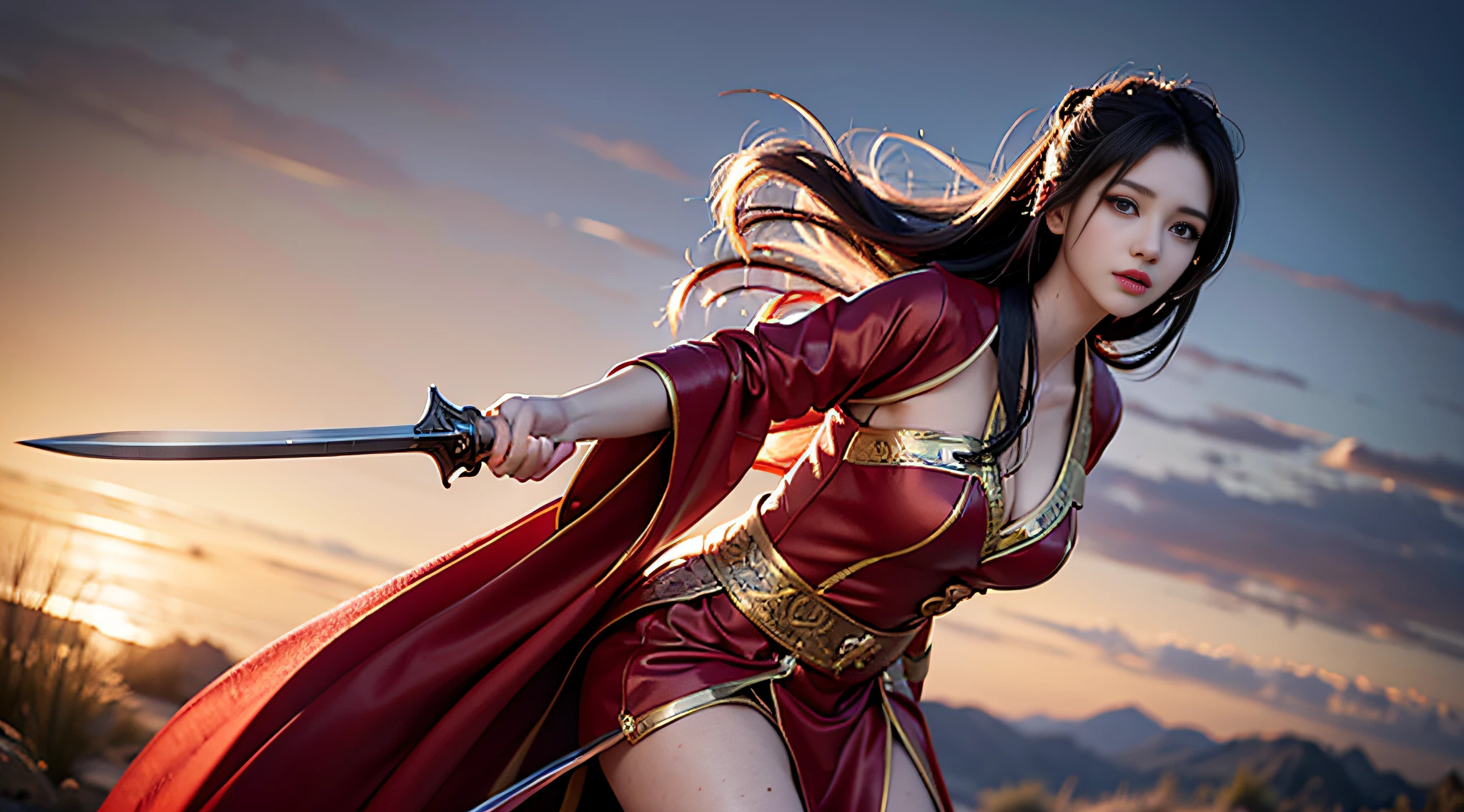 (RAW Photo, Best Quality), (Realistic, Photo Realistic: 1.3), Best Quality, Highly Detailed, Masterpiece, Ultra Detail, Woman in Red Dress, Black Hair, Breeze Blowing Hair, Delicate Face, Perfect Breasts, Bumpy Figure, Flowing Red Robe, Red Hanfu, Holding a Sword in Hand, ((Hand with Sword Raised Flat Pointing Forward)), Seven-point Body, Breeze, Desert, Ultra Wide Angle, Cinematic Light Effects