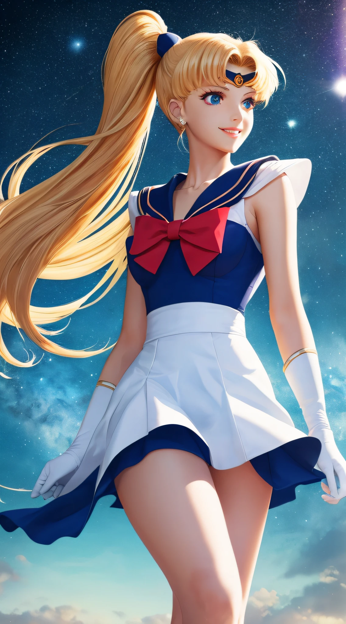 (Extreme detail CG Unity 8K wallpaper, masterpiece, highest quality), (exquisite lighting and shadow, highly dramatic picture, cinematic lens effect), (Sailor Moon: 1.1), charming smile, double tail, blue eyes, blond hair, tight top, white gloves, mini skirt, dynamic pose), the background is the universe (excellent detail, excellent lighting, wide angle), (excellent rendering, enough to stand out in its class), --auto