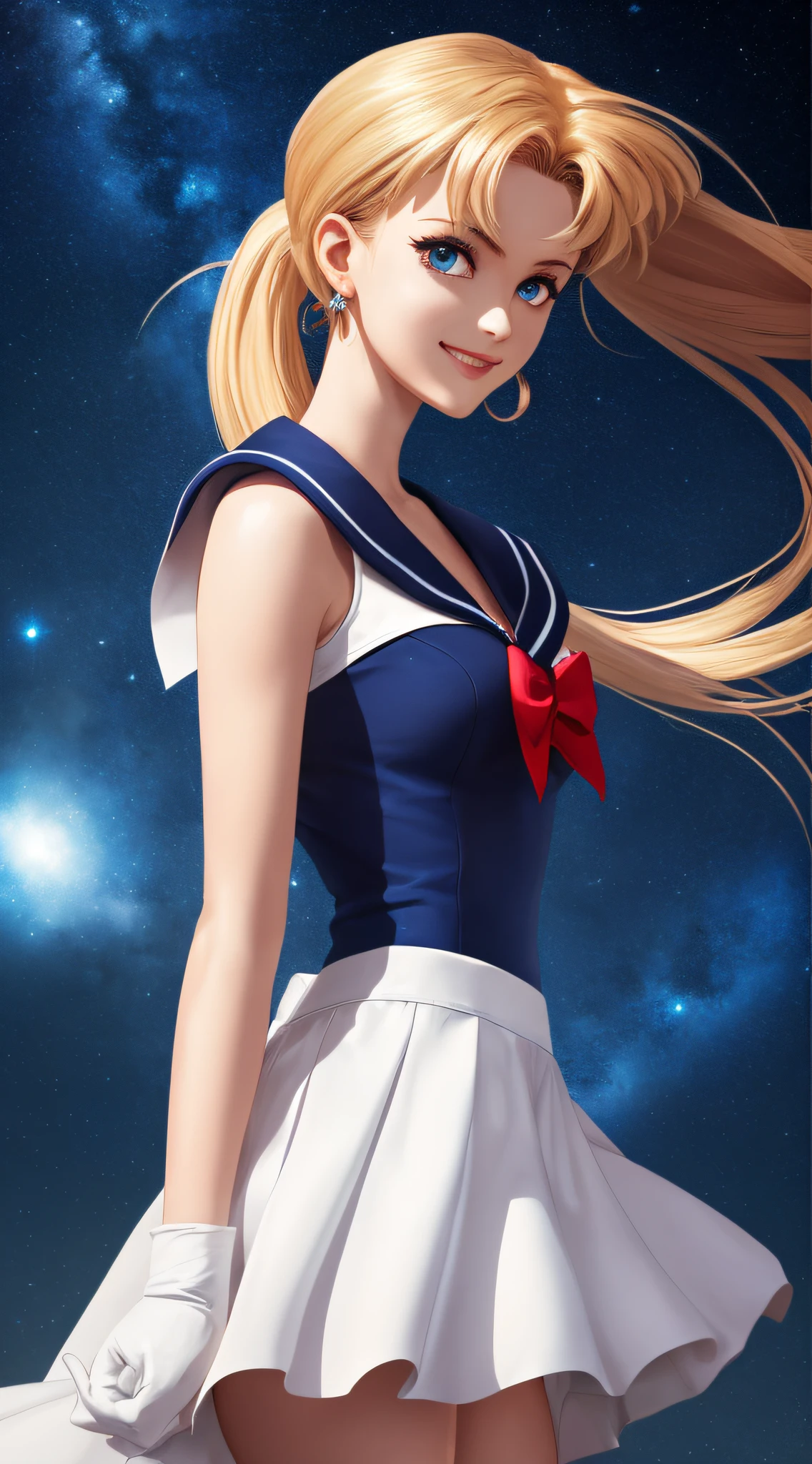 (Extreme detail CG Unity 8K wallpaper, masterpiece, highest quality), (exquisite lighting and shadow, highly dramatic picture, cinematic lens effect), (Sailor Moon: 1.1), charming smile, double tail, blue eyes, blond hair, tight top, white gloves, mini skirt, dynamic pose), the background is the universe (excellent detail, excellent lighting, wide angle), (excellent rendering, enough to stand out in its class), --auto