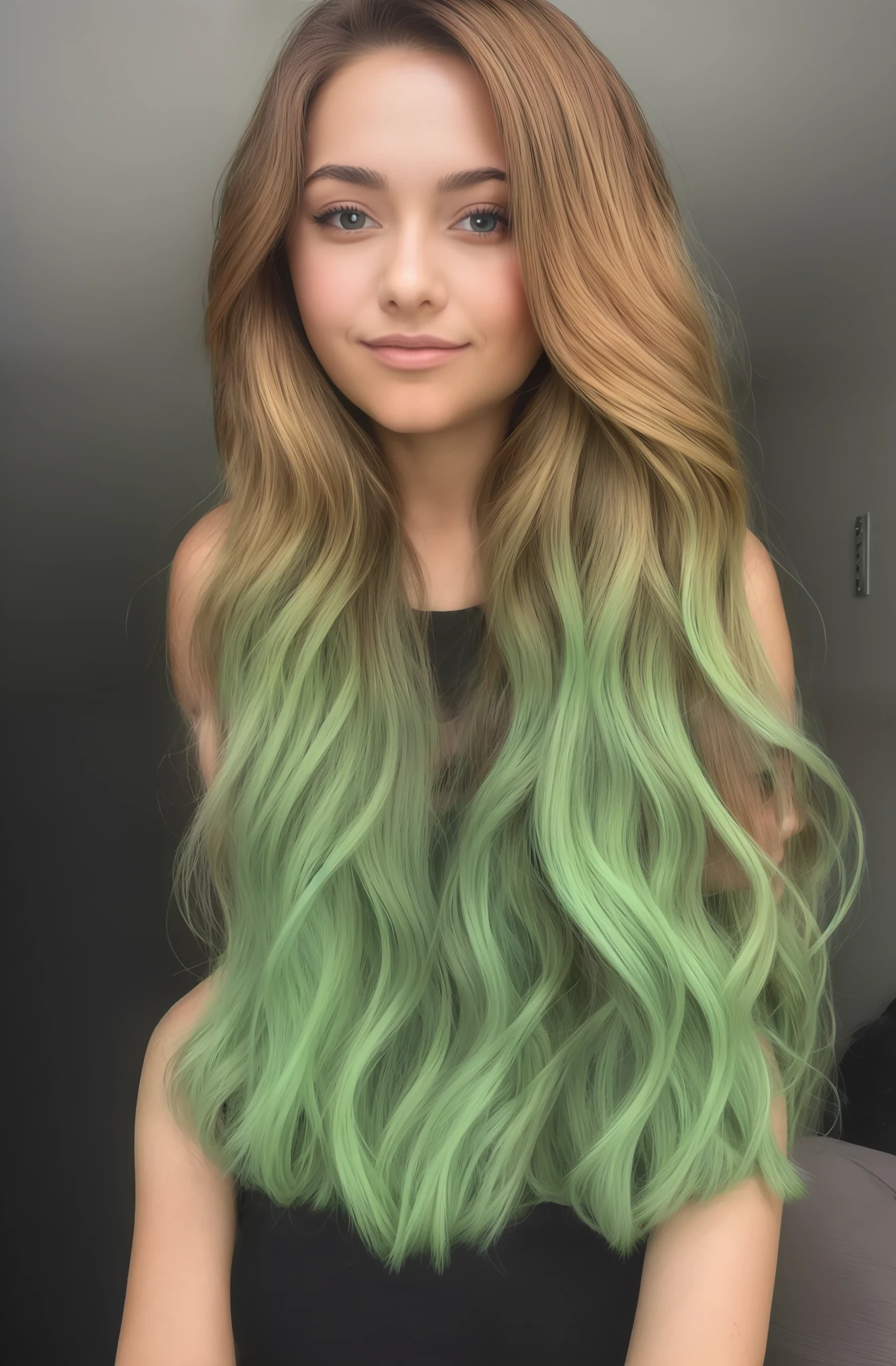 photo of a sexy woman, (brown to neon green ombre hair:1), perfect body, perfect face, 16-years-old, best quality, looking at viewer, raised eyebrow, smirk,big breasts