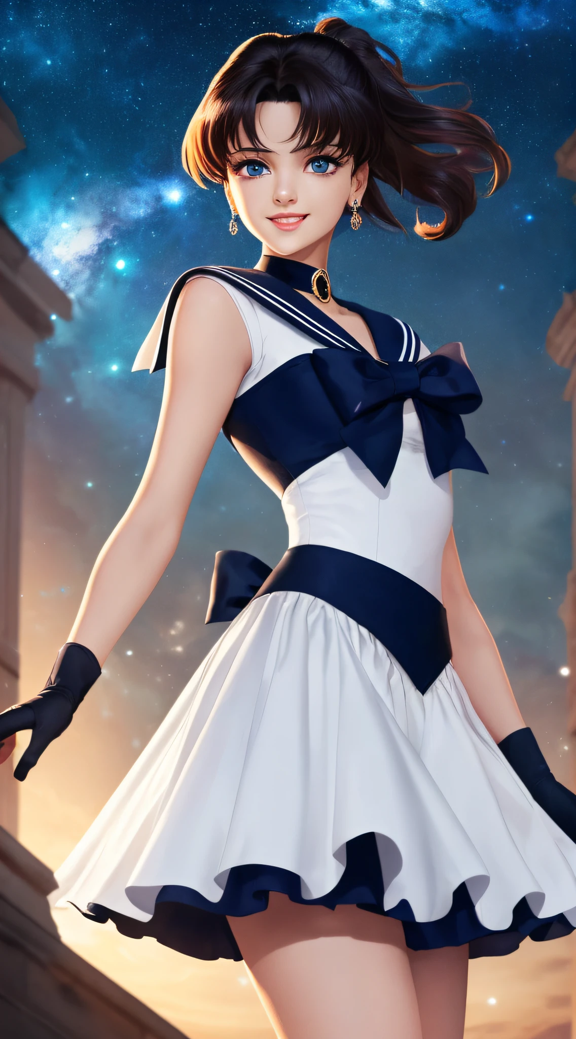 (Extreme detail CG Unity 8K wallpaper, masterpiece, highest quality), (exquisite lighting and shadow, highly dramatic picture, cinematic lens effect), (Sailor Moon: 1.1), charming smile, double tail, blue eyes, blond hair, tight top, white gloves, mini skirt, dynamic pose), the background is the universe (excellent detail, excellent lighting, wide angle), (excellent rendering, enough to stand out in its class), --auto
