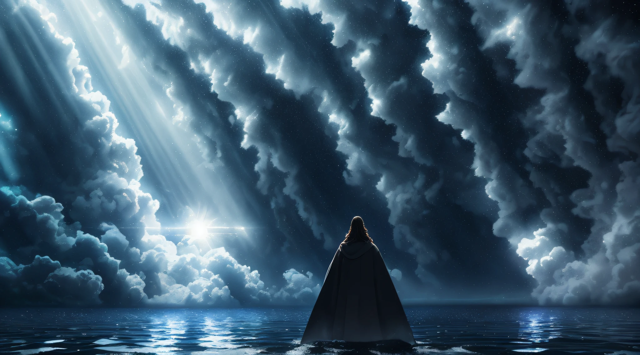 jesus walking on water in a storm, masterpiece, best quality, high quality, extremely detailed CG unit 8k wallpaper, award winning photography, Bokeh, Depth of Field, HDR, bloom, Chromatic aberration, photorealistic, extremely detailed, trending on artstation, trending on CGsociety, intricate, high detail, dramatic, mid-journey art, volumetric lighting --auto --s2