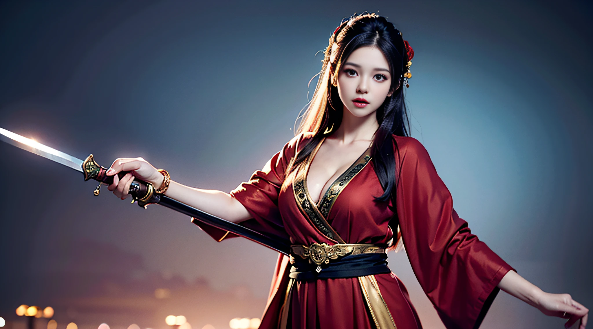 (RAW Photo, Best Quality), (Realistic, Photo Realistic: 1.3), Best Quality, Highly Detailed, Masterpiece, Ultra Detail, Woman in Red Dress, Black Hair, Breeze Blowing Hair, Delicate Face, Perfect Breasts, Bumpy Figure, Flowing Red Robe, Red Hanfu, Holding a Sword in Hand, ((Hand with Sword Raised Flat Pointing Forward)), Seven-point Body, Breeze, Desert, Ultra Wide Angle, Cinematic Light Effects