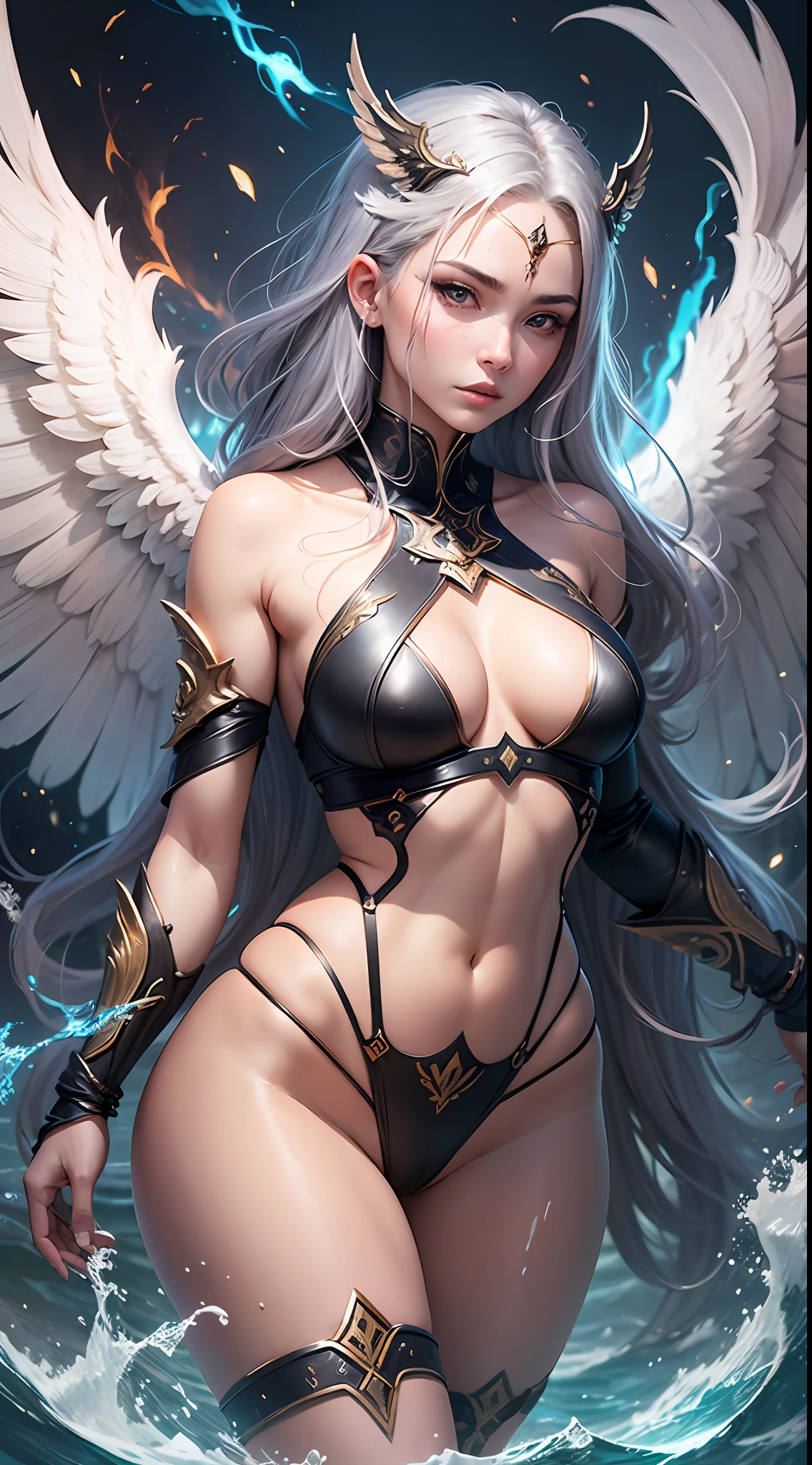 Enter a world where warrior angel women exude sensuality and divine power, personifying aesthetic perfection and impressive elemental abilities. With sensual bodies, attractive curves and striking features, they stand out as symbols of desire and strength. Each of these warrior angels controls certain elements (earth, water, fire, air) and leads them in the fight against threats to the sacred land. With stunning wings and dazzling armor, they seduce both in appearance and in power. Exploring the intersection of sensuality and the ability to control natural elements, these warrior angel women face epic challenges, revealing their emotional and moral complexity. Digital painting using flowing brush strokes and vibrant colors to highlight the beauty and strength of warrior angel women is designed to show the slender body. Thin thighs.