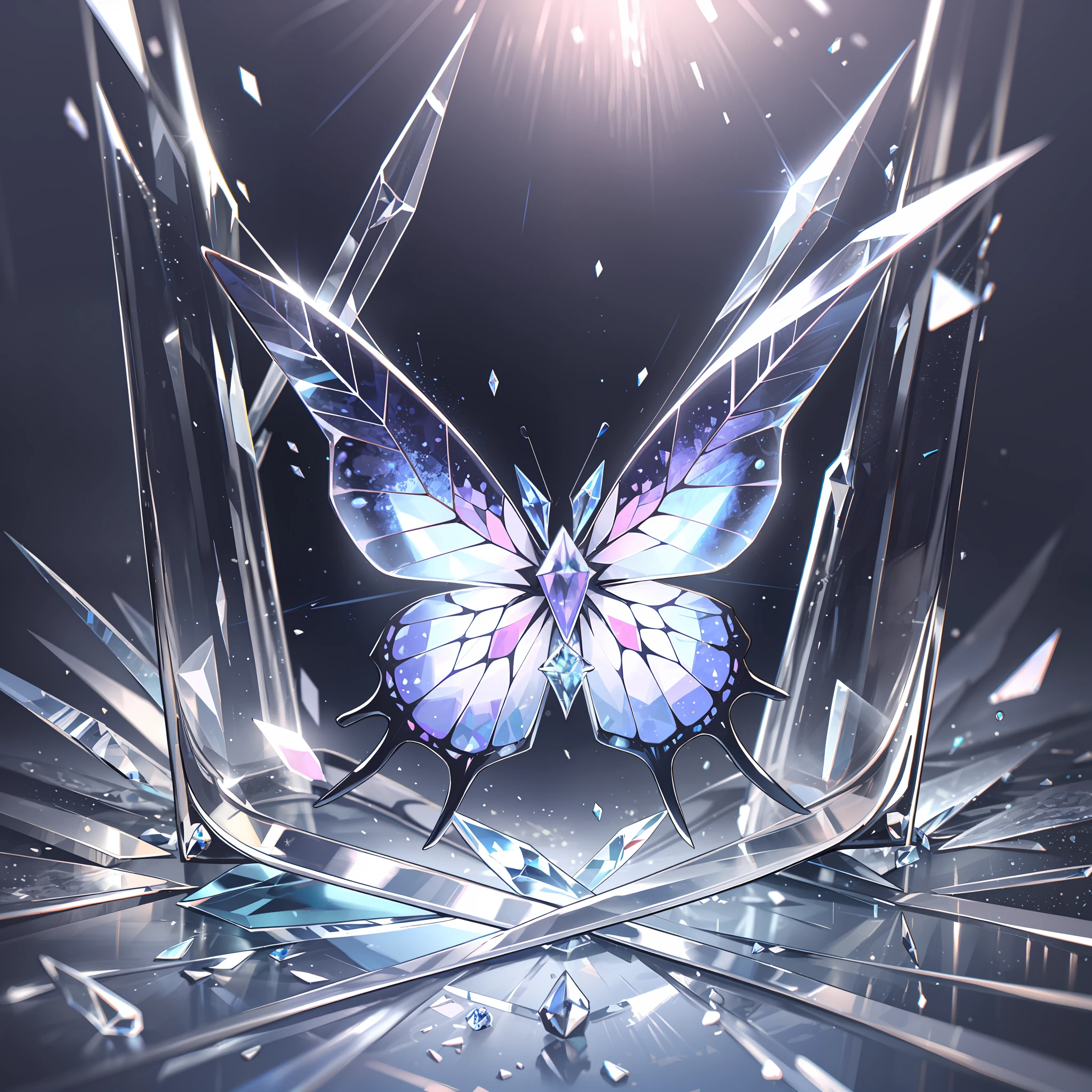 background with glass,crystal,beautiful detail background,{{{white butterfly}}}, diamond world, crystal flower,ice theme, falling ice,white crystal background, nihilism, frustration,glass rain,white ice,no people