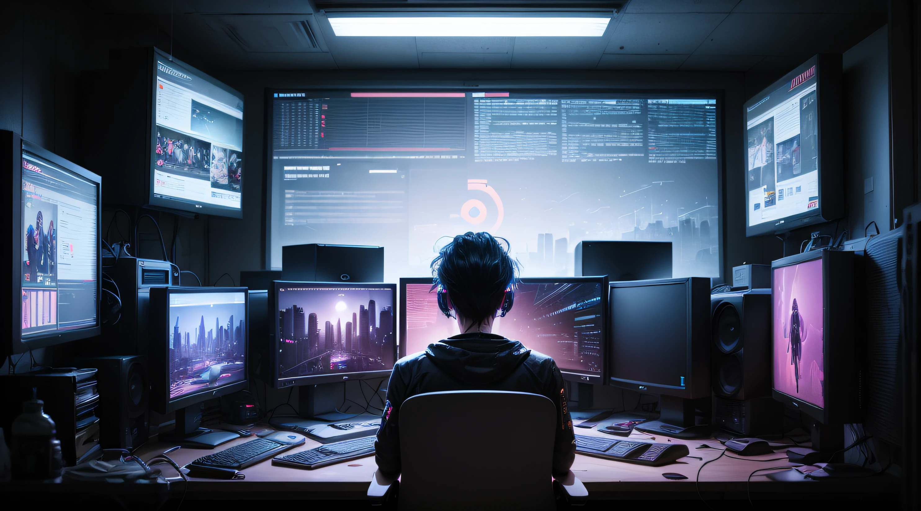 Dark room, with bright monitors and the silhouetta of a person in front of the monitors. Cyberpunk aesthetics --auto