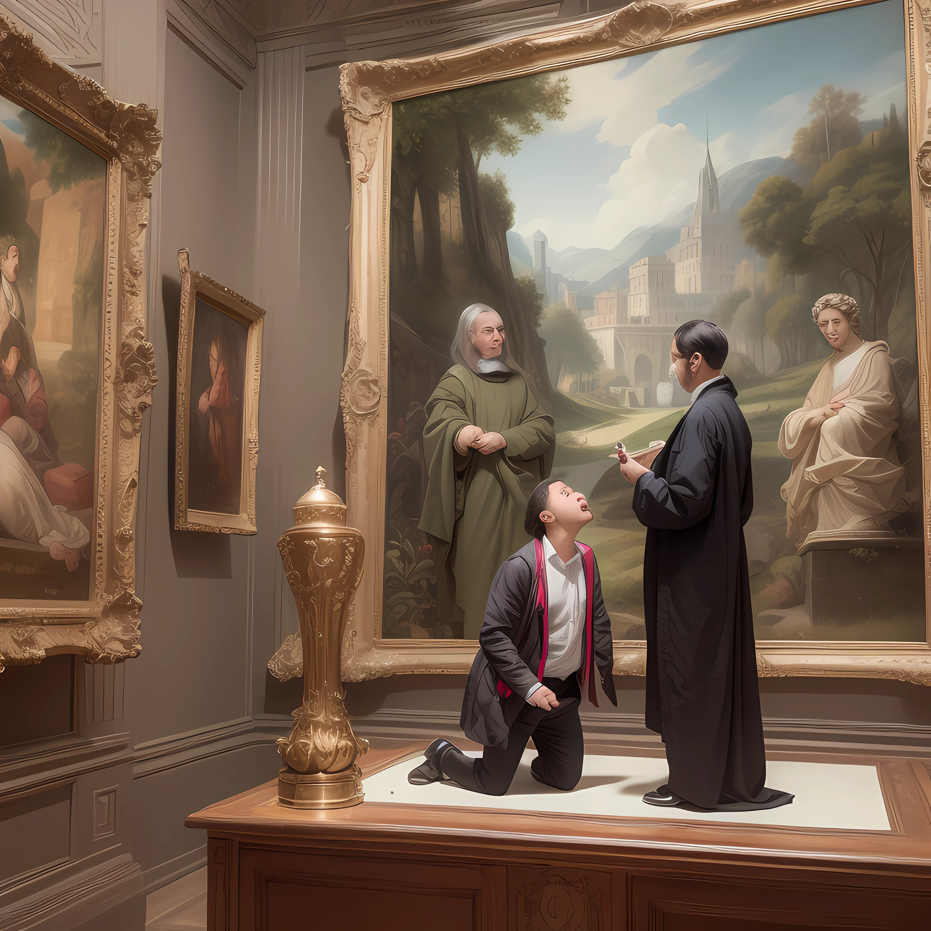 A group of arrogant and authoritative researchers and staff from the museum were captured in the act of painting a sculpture with bold reds, blues, yellows, greens, and blacks. The scene resembled a caricature, defying the traditional norms of classical art. Despite their haughty and authoritative attitudes, the staff meticulously applied vibrant colors to the sculpture with playful disregard for convention.
The statue itself wore an expression of astonished surprise, as if caught off guard by the audacity of the museum staff. Its eyes widened and its mouth formed an exaggerated "O" shape, conveying a sense of disbelief at the unconventional transformation taking place.
While the researchers and staff maintained their stern and serious demeanors, their actions betrayed a mischievous and rebellious spirit. Each stroke of the brush was executed with confident precision, daring to challenge the established notions of the art world.
Observers of this surreal scene would find themselves captivated by the stark contrast between the traditional stoicism of the museum environment and the vibrant chaos unfolding before them. It was a moment that defied expectations, injecting a sense of playfulness and subversion into the otherwise rigid and formal world of classical art.