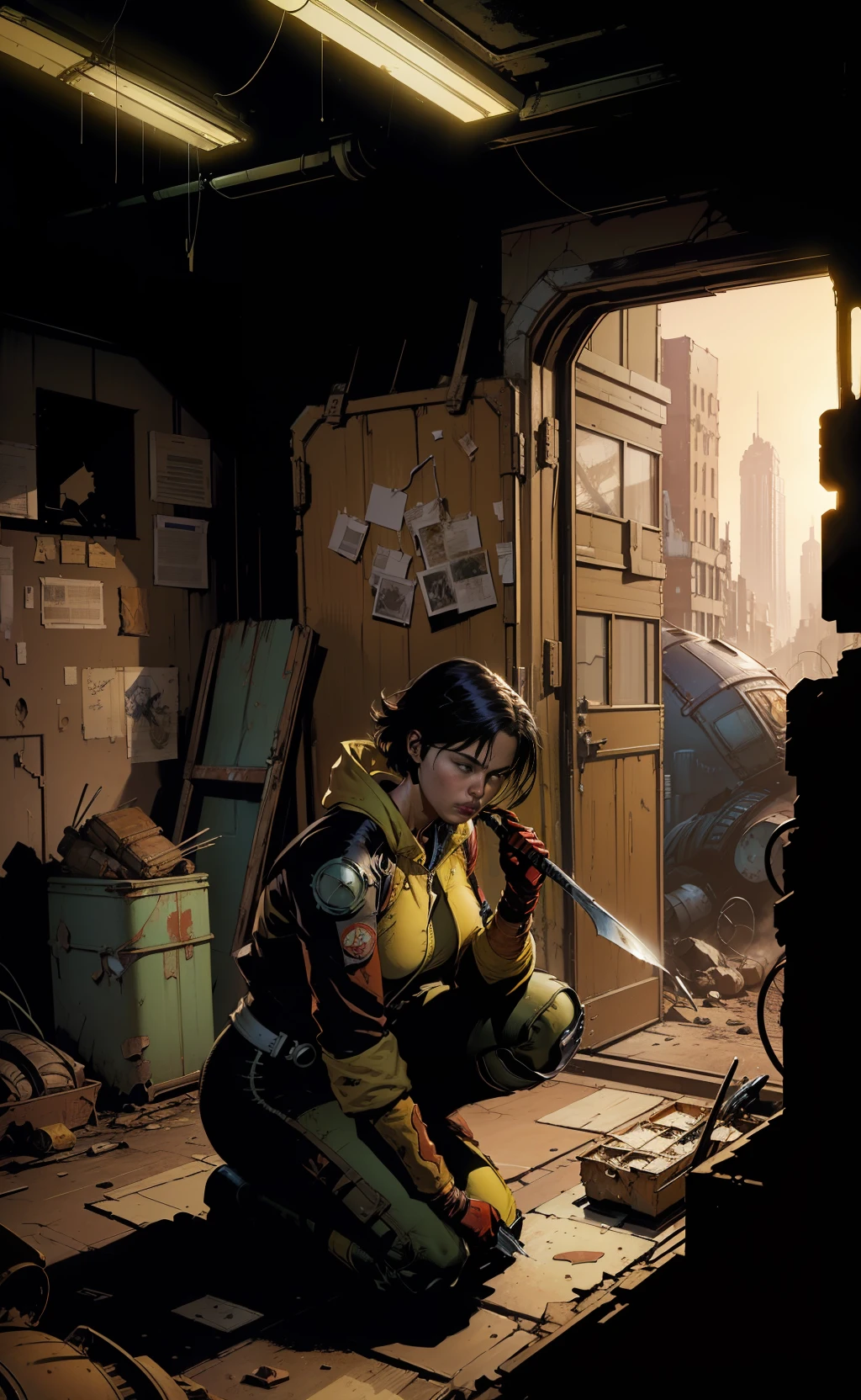 A mix of comic art and lineart full of natural colors, a black woman wearing a torn armored vault jumpsuit, a destroyed and deserted city, ((fallout 3 setting)) the best quality, masterpiece, high resolution, acrylic painting, trend in fan Pixiv box, spatula and brush strokes, makoto shinkai style, Jamie Wyeth James Gillard edward hopper Greg Rutkowski studio ghibli Kenshin impact