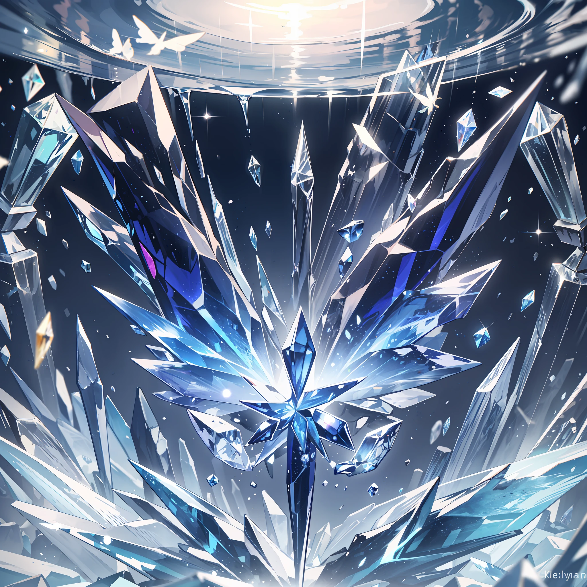 background with glass,crystal,beautiful detail background,{{{white butterfly}}}, diamond world, crystal flower,ice theme, falling ice,white crystal background, nihilism, frustration,glass rain,white ice,no people