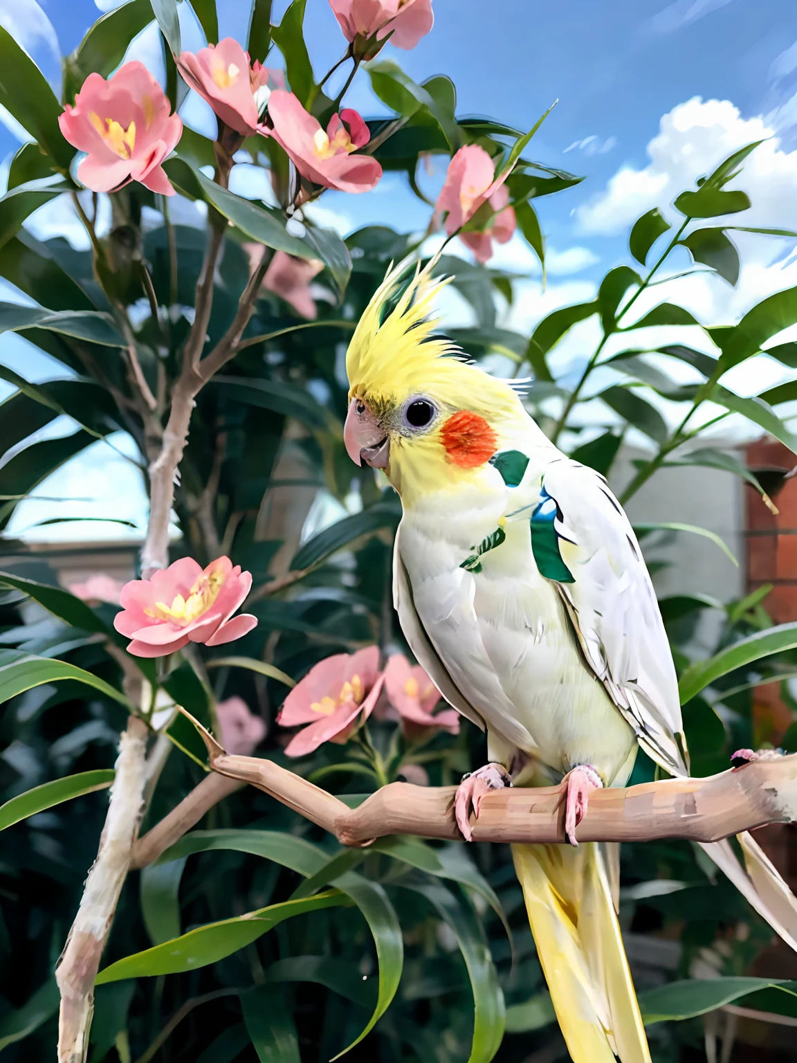 cockatiel Lutino with open beak, ((chibi, fat)), on branch, flower, surrounded by ((pink flowers)), garden, sky, outdoor