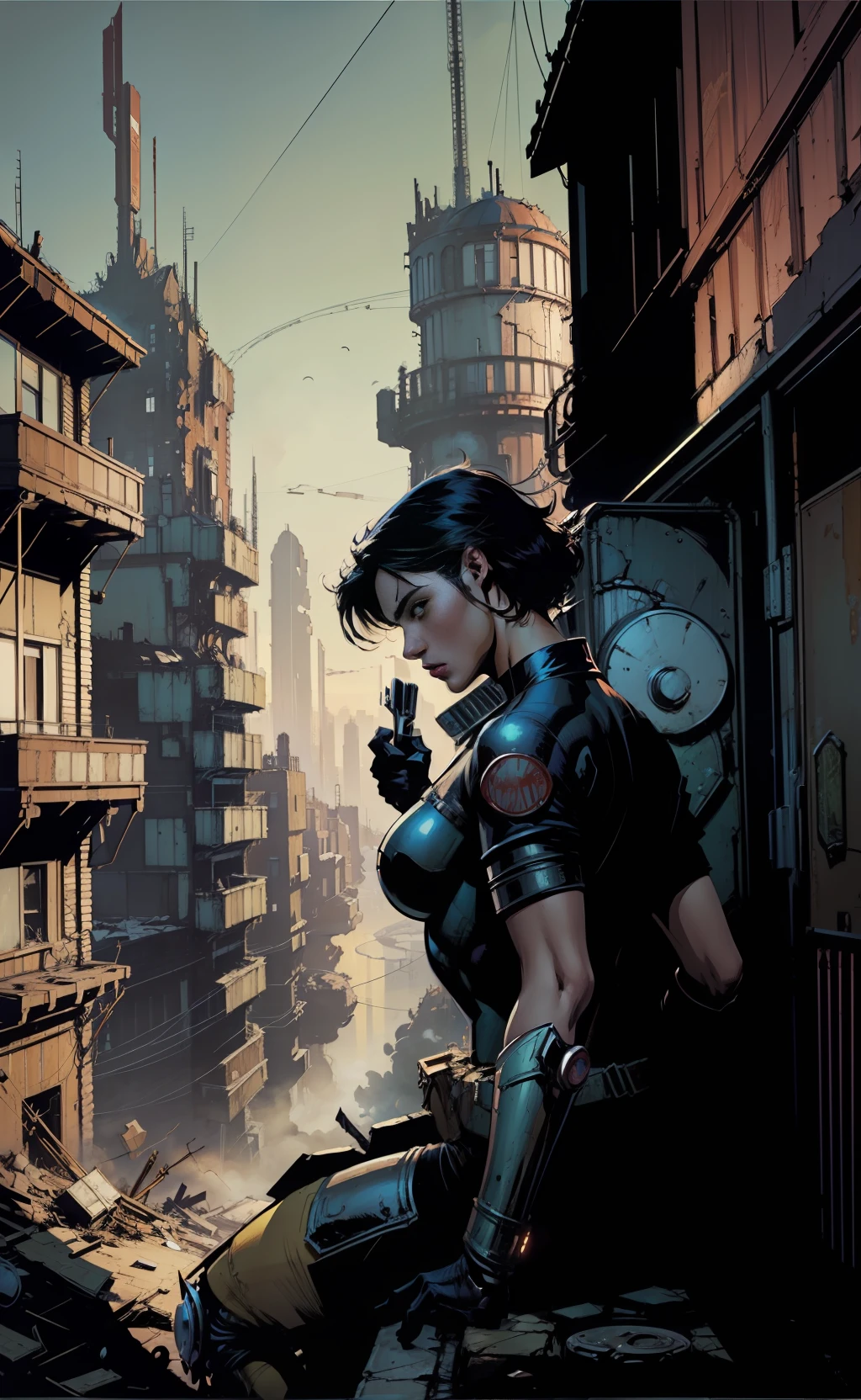 A mix of comic art and lineart full of natural colors, a black woman wearing a torn armored vault jumpsuit, a destroyed and deserted city, ((fallout 3 setting)) the best quality, masterpiece, high resolution, acrylic painting, trend in fan Pixiv box, spatula and brush strokes, makoto shinkai style, Jamie Wyeth James Gillard edward hopper Greg Rutkowski studio ghibli Kenshin impact