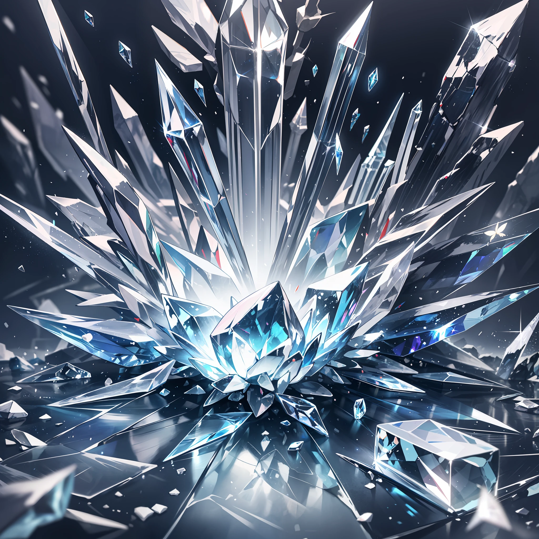 background with glass,crystal,beautiful detail background,{{{white butterfly}}}, diamond world, crystal flower,ice theme, falling ice,white crystal background, nihilism, frustration,glass rain,white ice,no people