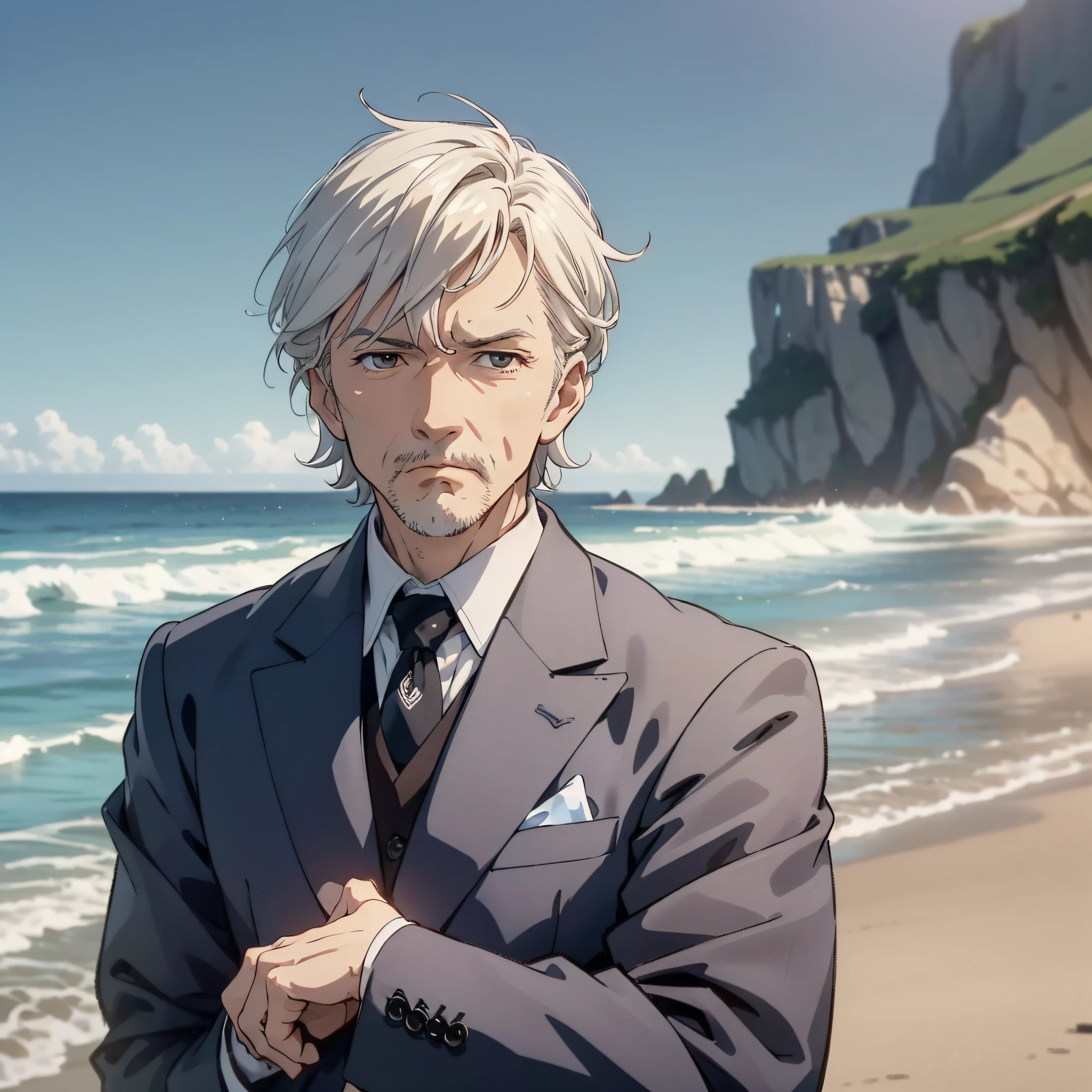 A 50-year-old man with short white hair and a suit boss standing by the company seaside looking into the distance, (frown 1.5) (background is coastal 1.5) anime style 4 K, anime rendering, anime style. 8k, (upper body display 1.5) (vicissitudes of man 1.3) (cinematic lighting 1.5)