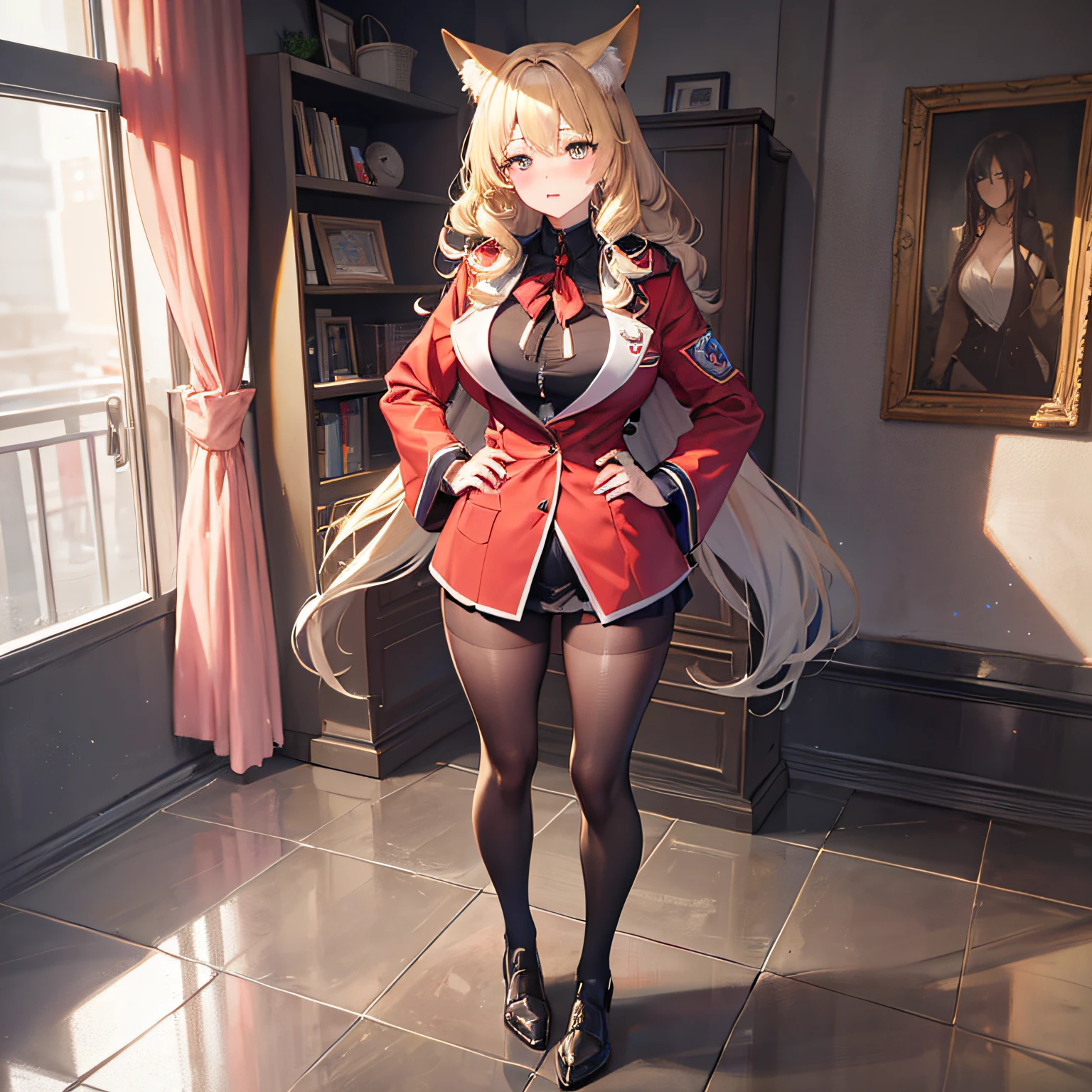 Absolutely beautiful fox charmer, perfect slim body, mature, yellow hair, large curly hair, college uniform, sexy and seductive, beautiful face, full body portrait, standing pose, 4K picture quality, big body, feminine expression, blush shyness, outrageously large bust, deep eyes,