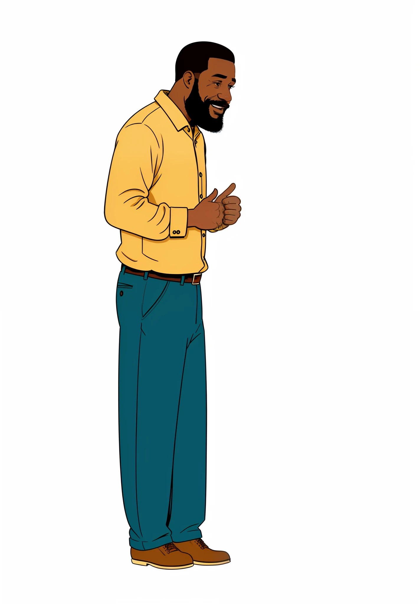 Cartoon style illustration of a happy black man with beard and beard standing in a pose, talking and gesticulating in profile, clipart, digitally colored, illustration! in cartoon style, rotoscoped