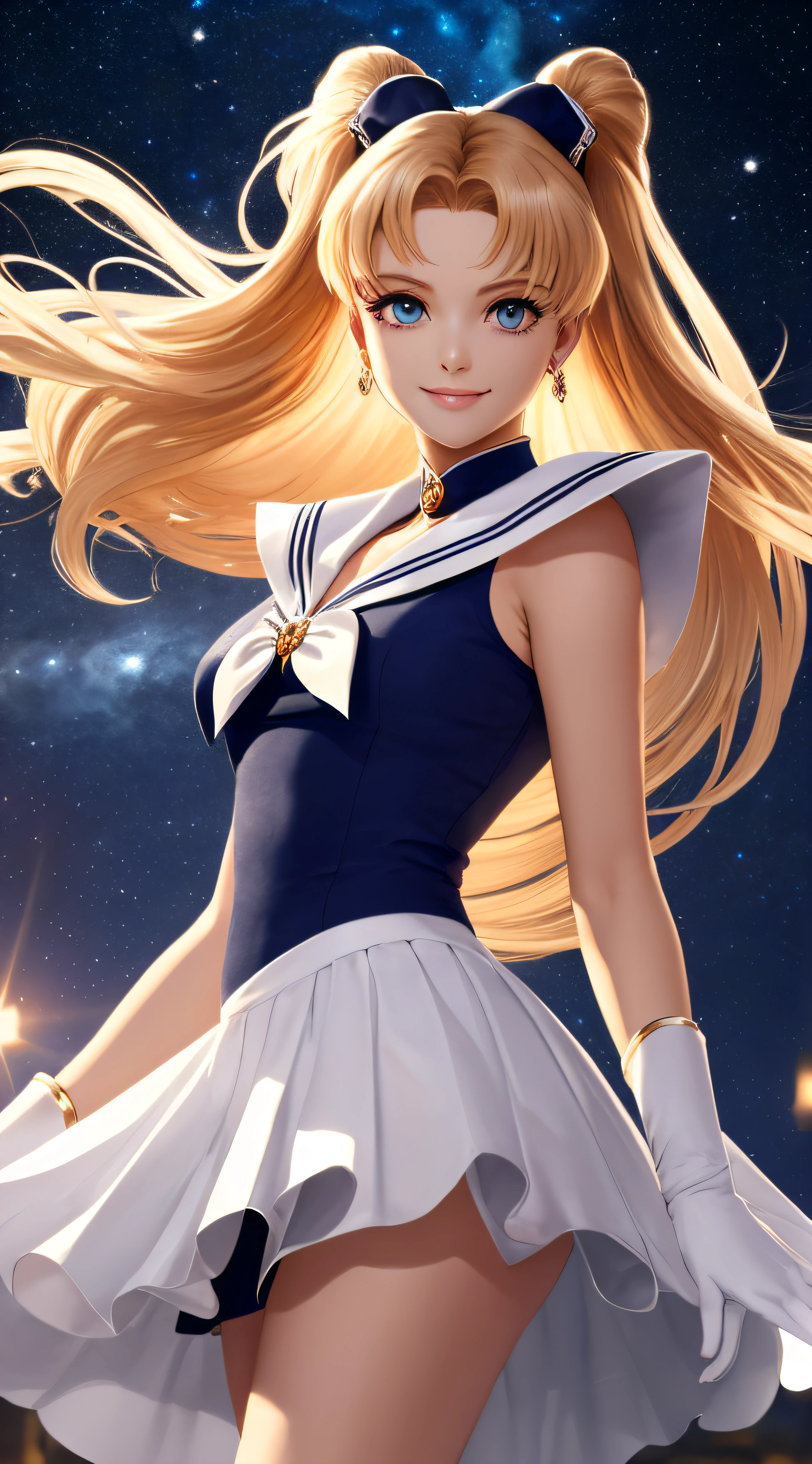 (Extreme detail CG Unity 8K wallpaper, masterpiece, highest quality), (exquisite lighting and shadow, highly dramatic picture, cinematic lens effect), (Sailor Moon: 1.1), charming smile, double tail, blue eyes, blond hair, tight top, white gloves, mini skirt, dynamic pose), the background is the universe (excellent detail, excellent lighting, wide angle), (excellent rendering, enough to stand out in its class), --auto