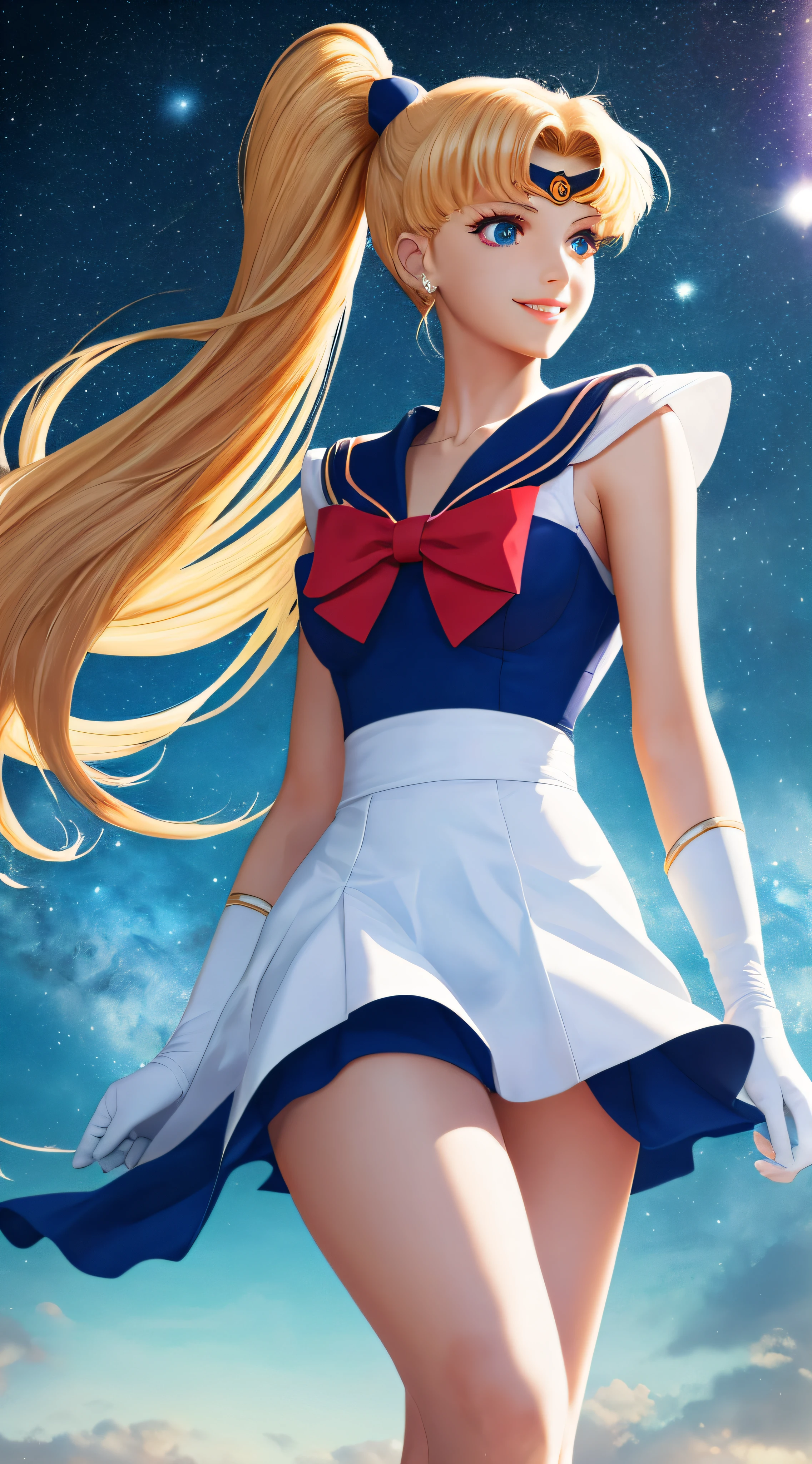 (Extreme detail CG Unity 8K wallpaper, masterpiece, highest quality), (exquisite lighting and shadow, highly dramatic picture, cinematic lens effect), (Sailor Moon: 1.1), charming smile, double tail, blue eyes, blond hair, tight top, white gloves, mini skirt, dynamic pose), the background is the universe (excellent detail, excellent lighting, wide angle), (excellent rendering, enough to stand out in its class), --auto