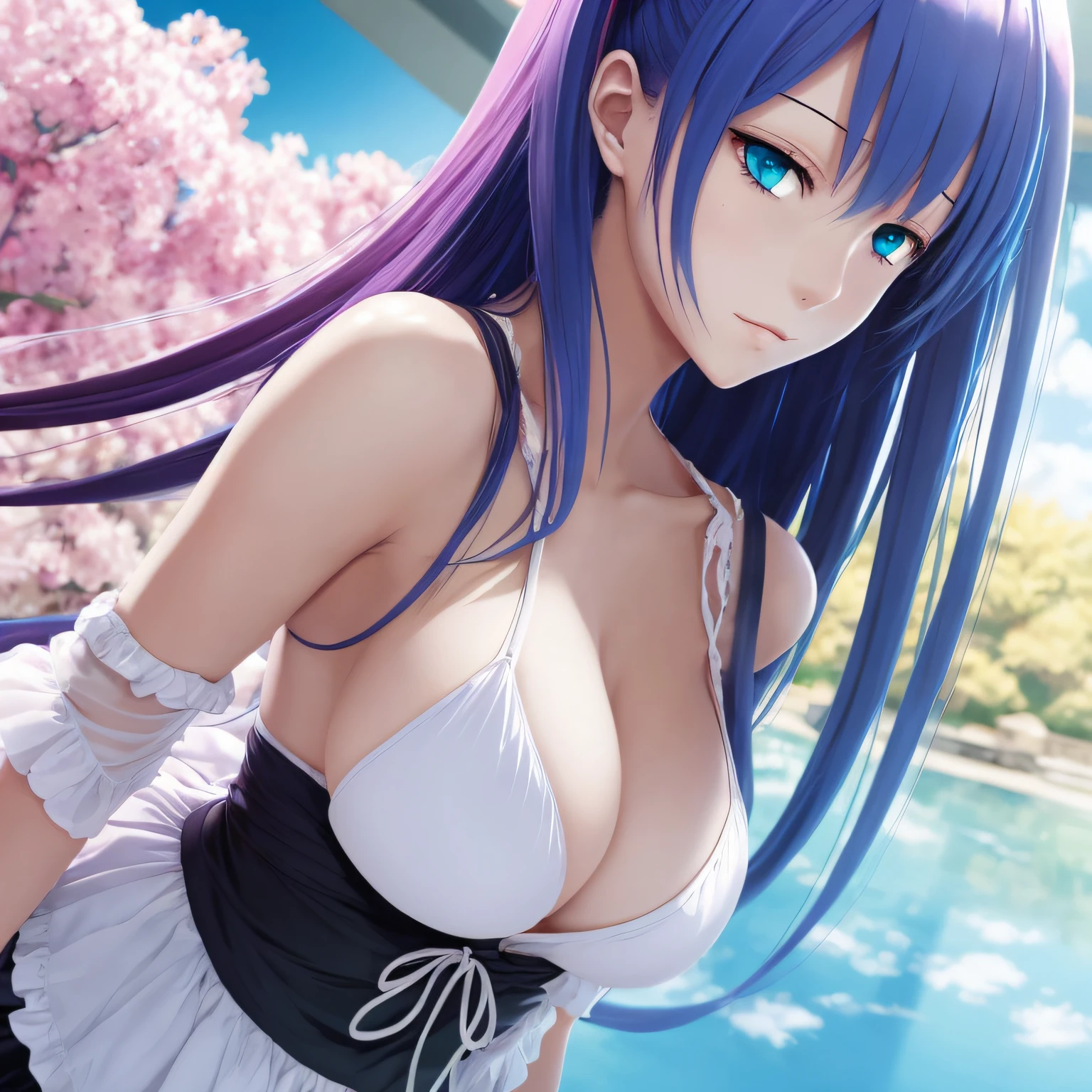 profile,upper body,Perfect female body,bishoujo,art of light novel,Large area of cyan Pick dyeing,sideboob,maid,blue_eyes, --auto