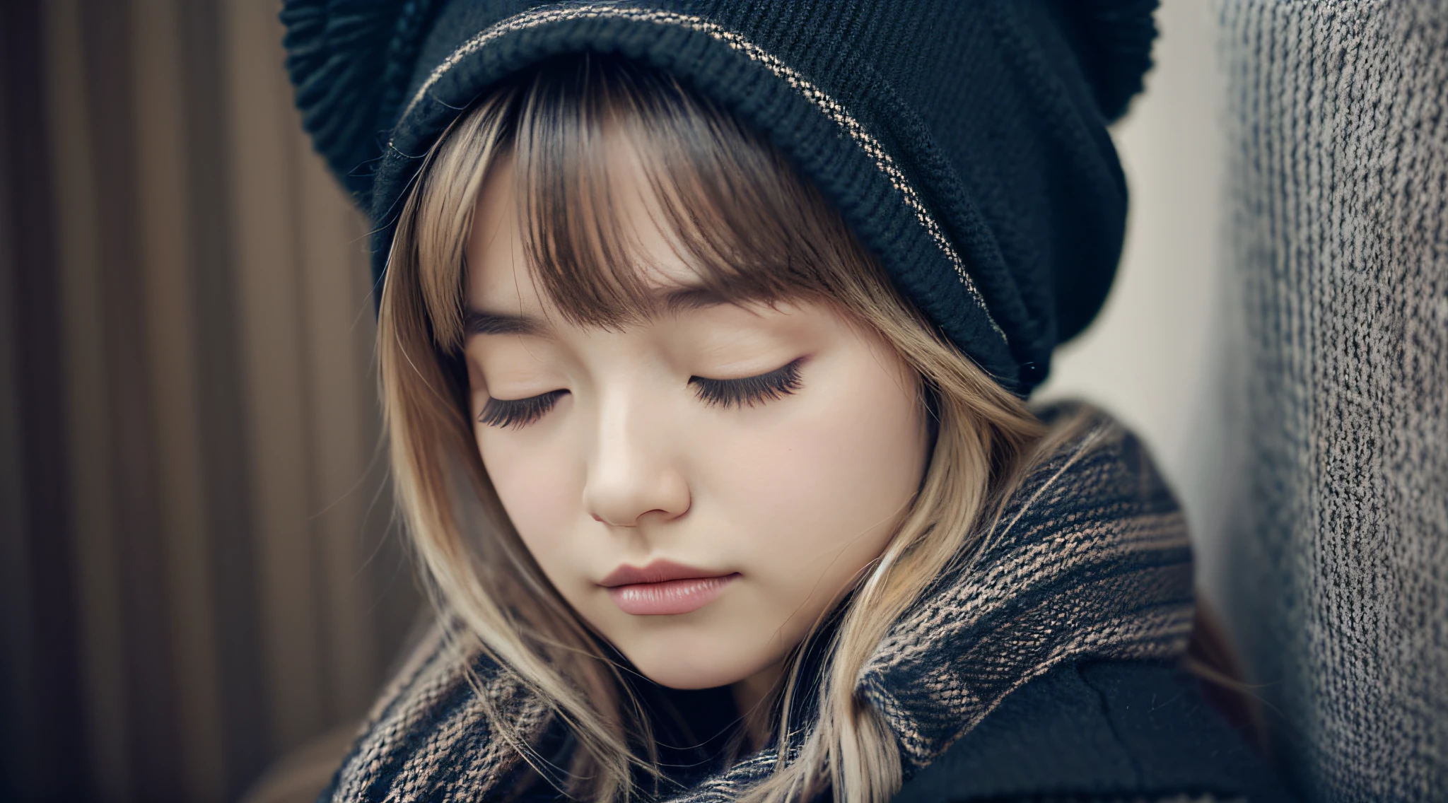GIRL BLONDE CHILD with long hair TRANCE wearing a scarf and a hat, sleepy fashion model face, sleepy, sleepy expression, Marisa Kirisame, wearing cute BLACK scarf, prettier, sleeping, sick with a cold, Lalisa Manobal, Misa Amane*, very tired woman, sleeping, Takeyuki Kanda, Lalisa Manoban of blackpink