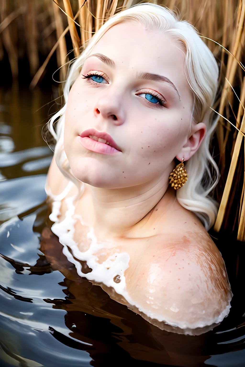 close up portrait of a stunning [albino woman] bathing in a river, reeds, detailed lips, [heterochromia eyes], big cheeks, gigantic breasts, chubby cheeks, albino pubic hair, (albino eyebrow), albino skin, albino hair