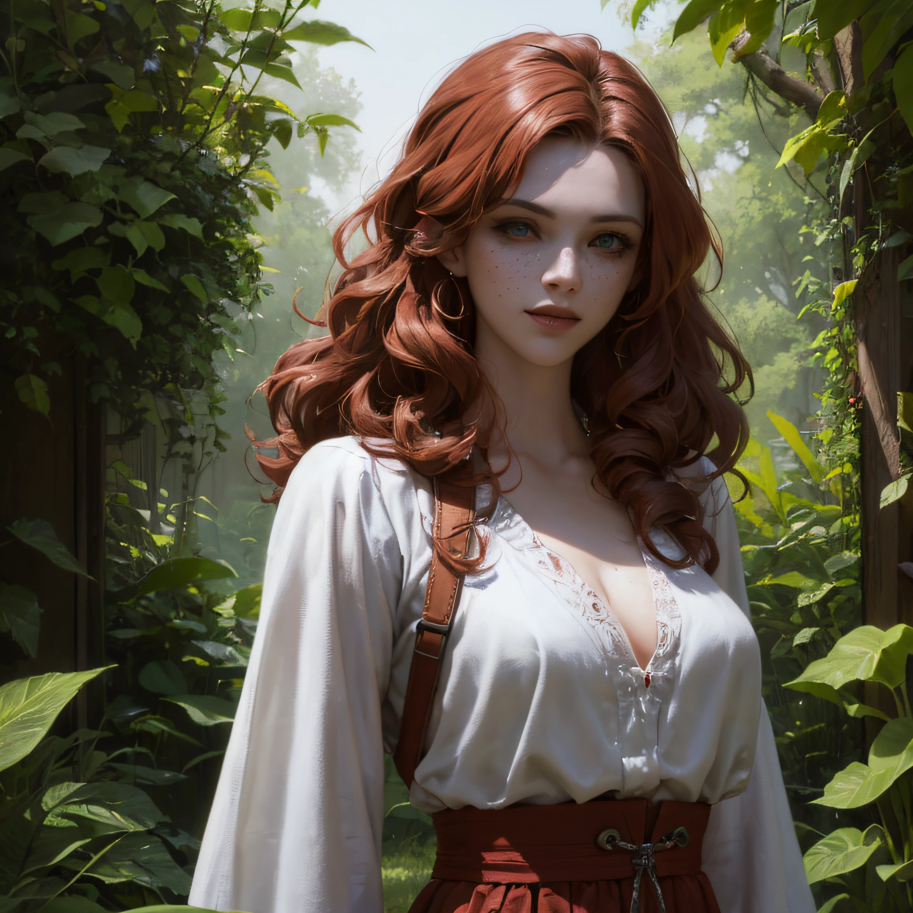 I gril, Brave Character, Merida, realistic, human, very realistic, white skin, blue eyes, large breasts, freckles on the face, smile, closed boca_, long curly full red hair, blue long dress, crude sleeves, large descotes, confident posture, standing, about 1.70 tall, illuminated environment, natural light, volumetric lighting, best quality, intricate details, tone mapping, sharp focus, hyper detailed, trend in Artstation, Natural environment, Forest --auto