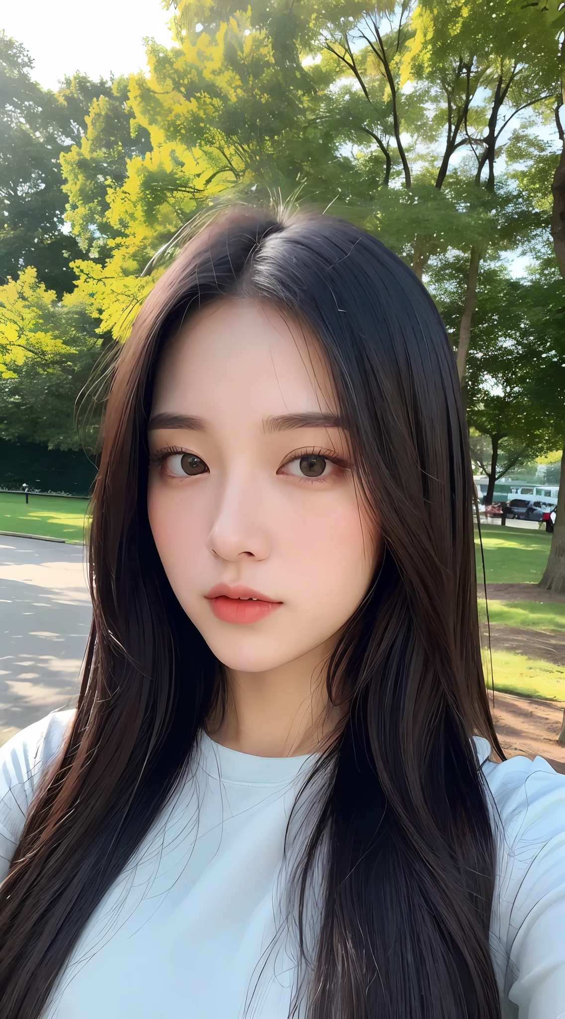 ((top quality, 8k, masterpiece: 1.3)), beauty, hide face, 1 girl, cute: 1.3, slender abs: 1.1, strolling in the park,long black hair, (standing in the park), ultra detailed face, highly detailed lips, detailed eyes, double eyelids