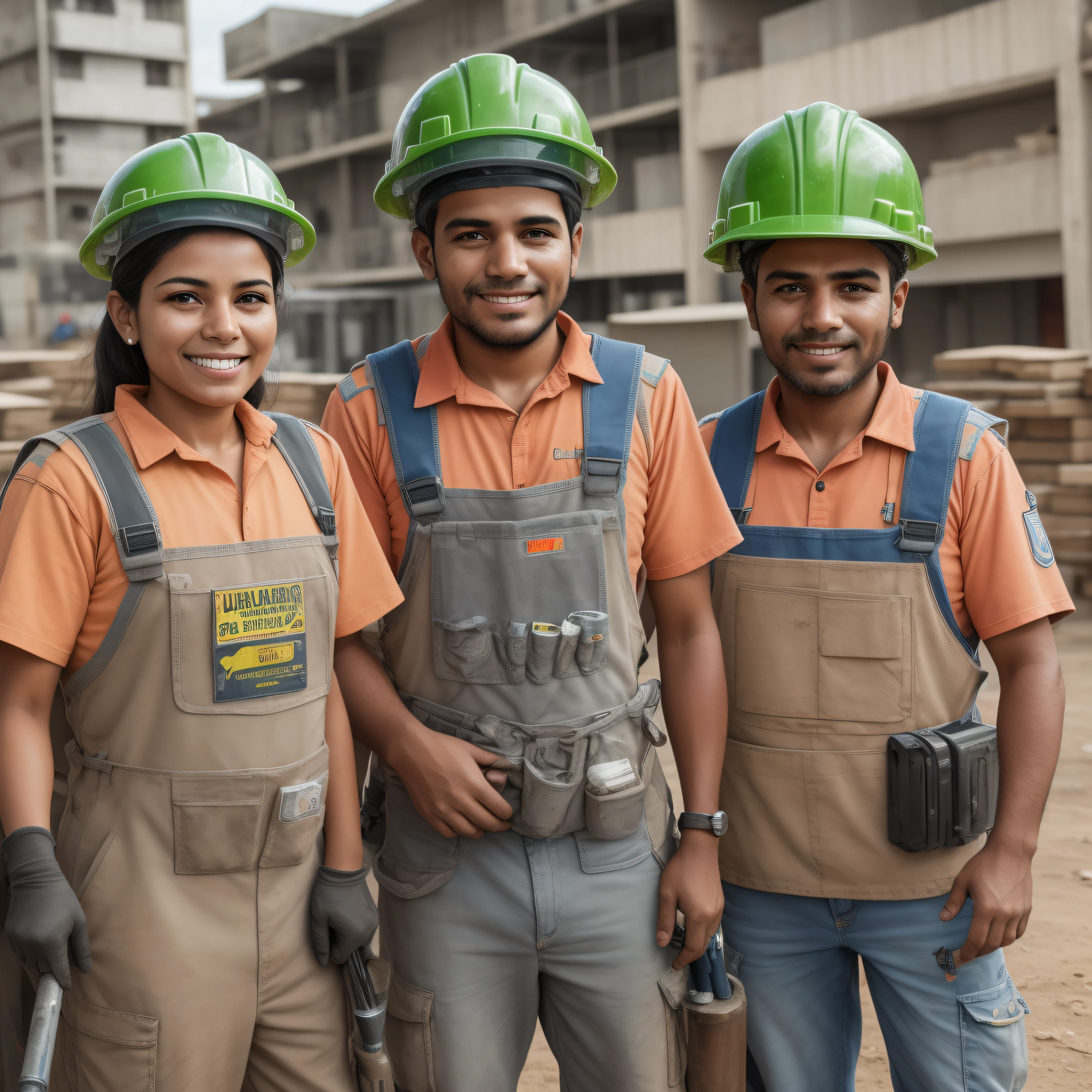 Several Brazilian workers, uniformed in several different professions, smiling, looking forward.