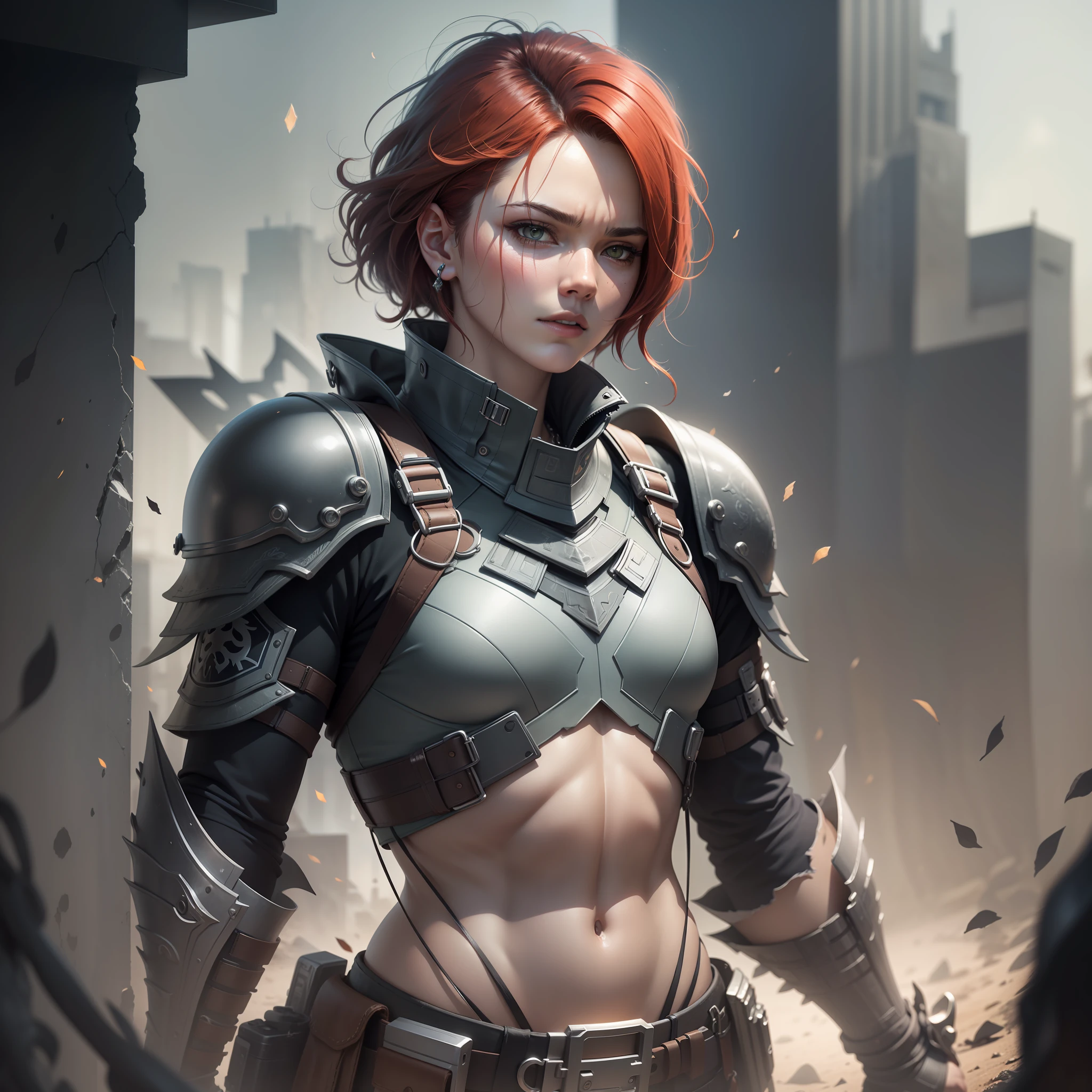 "Character with human red hair and intense yellow eyes. It has dragon scales on various parts of the body. Imposing warrior with defined muscles, a sturdy and practical armor, with details in the shape of scales. The appearance is fierce and determined. The image is an 8k wallpaper of the CG unit, extremely detailed. It is a masterpiece with better quality of 1.2 and high resolution. The illustration features a cinematic 1.1 light, with finely detailed intricate details. The art is realistic, ultra-detailed, and features better lighting and shadow. It uses 8k resolution, with detailed reflection, differentiated shadows and intricate details. The metal texture is of high quality, with metallic luster. The illustration is highly detailed, semi-realistic 1.6, with an open plan of 1.2 and Dutch angle. The composition features a cowboy shot, with an athletic male character holding a sword. The eyes are half-closed and grey. The face is very detailed, with short hair combed back. The character wears black clothing, including high-quality black tactical gear and a black tactical vest. The clothes sway in the wind, including an urban tech-wear and black gloves. The black cover is torn and highly detailed. The character has perfect hands and a beautifully detailed metallic black skull head mask. The backdrop features highly deep ruins, depth of field, and cinematic lighting. The atmosphere is one of horror and dark fantasy, with Lovecraftian elements. The punctual color is red, with blood splashing. The image is hyper-intricate and ultra-detailed, in a 4k unit with extremely detailed CG of 1.2 and 8k of 1.1. The landscape is seen widely. The art is inspired by Sui Ishida, Wenjun Lin and Stefan Morrell. It features a dystopian and apocalyptic aesthetic, with a semi-realistic, dynamic and nixeu_basic2 0.5" style.