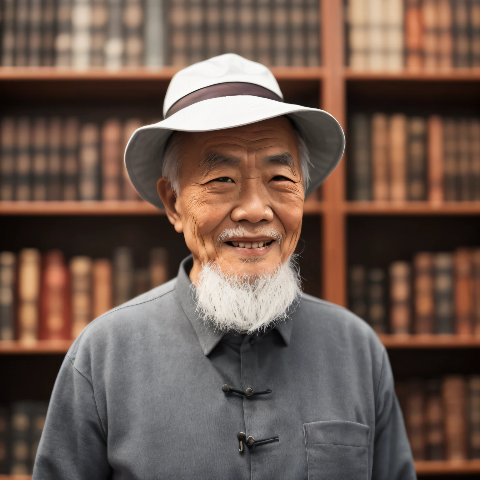 One wears a gray hat, Elderly Chinese man with long white beard standing in front of a bookshelf, white hair, smile, Surrealism, first-person view, pov, 1080P, UHD, textured skin, high details, high quality --auto
