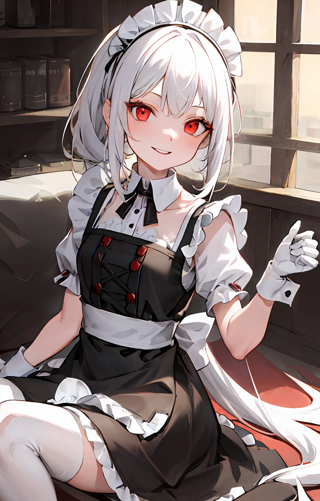 White hair, red eyes, girl, high ponytail, maid outfit