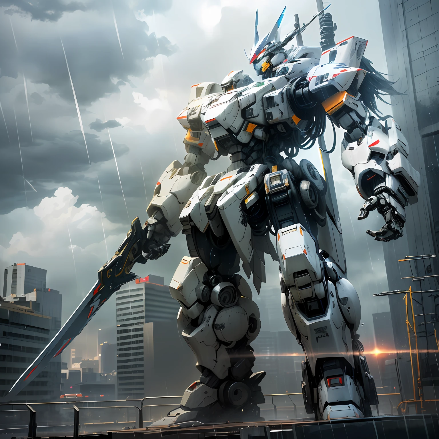 there is a large robot standing in the rain with a sword, alexandre ferra white mecha, an anime large mecha robot, cool mecha style, mecha art, modern mecha anime, white mecha, giant anime mecha, mecha anime, alexandre ferra mecha, anime concept hdr anime macmanus, armored core style mecha