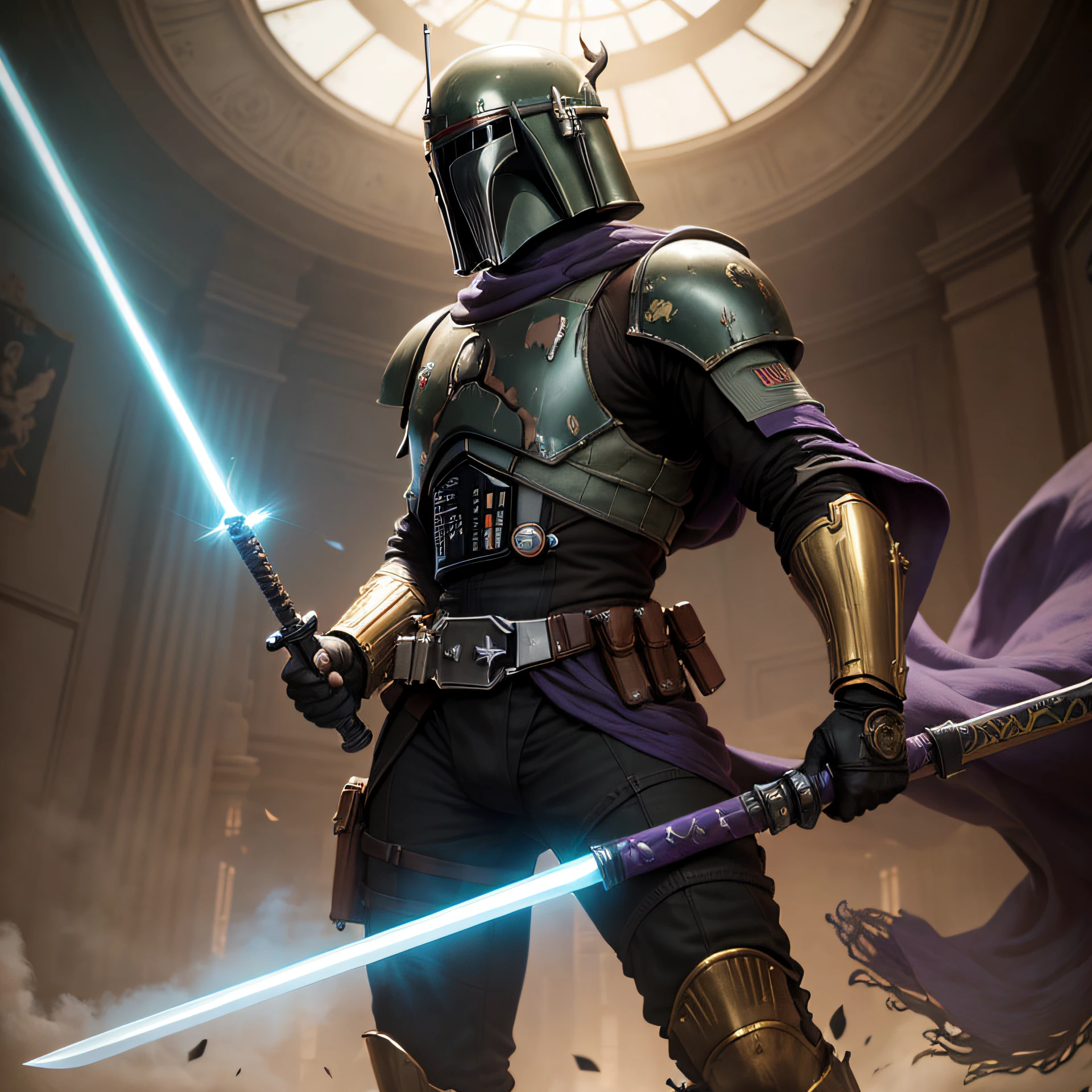 The Boba Fett Shogun displays ornate and imposing armor with intricate gold and black details. The helmet has a majestic appearance, with horns and a detailed face mask. The purple lightsaber-style ninja sword has a unique curved blade, similar to a katana, and a richly decorated hilt. --auto