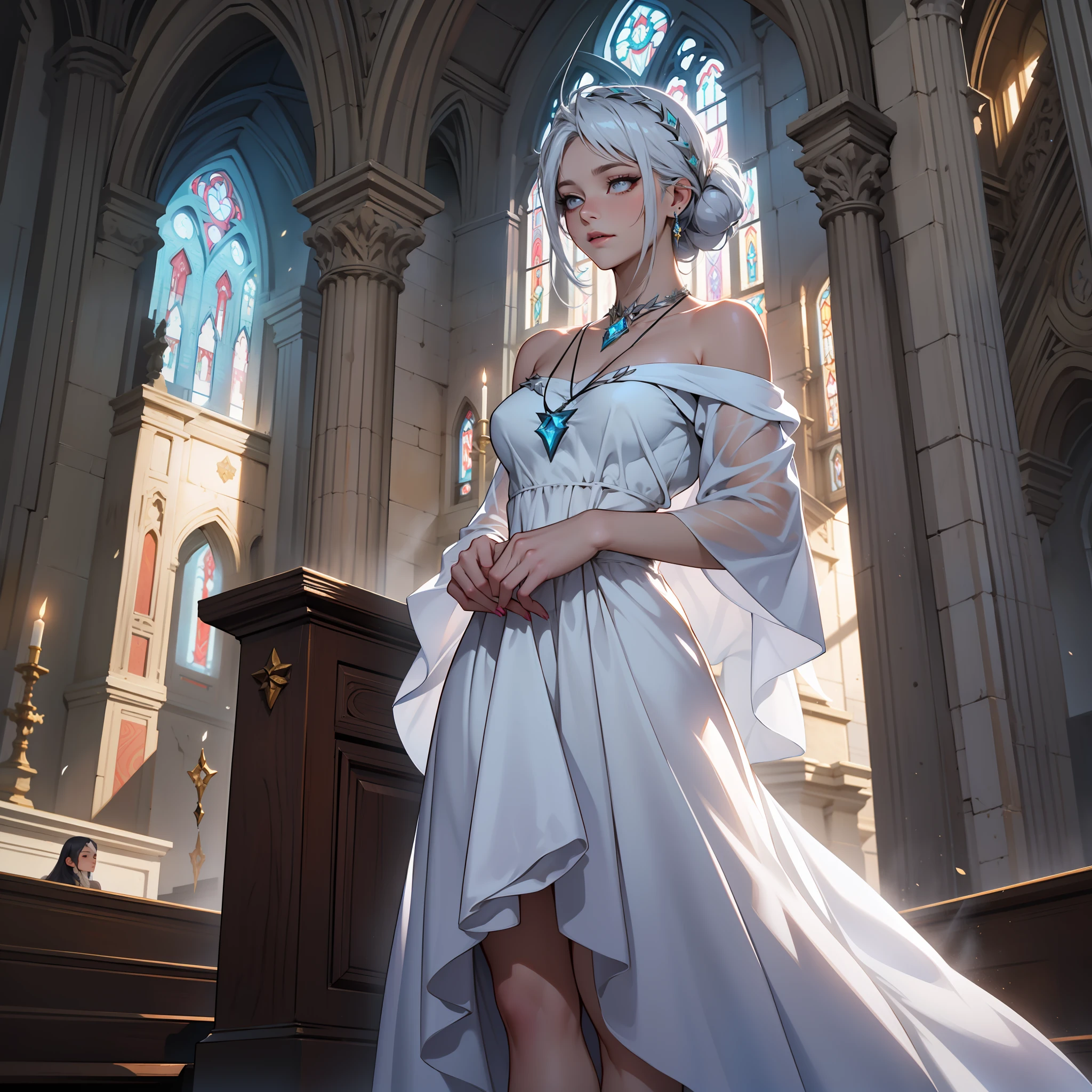 Prompt: 

Dressed in her casual attire, Lux, the radiant mage from League of Legends, found herself standing in the solemn beauty of a centuries-old church. She wore a soft, flowing white dress that accentuated her ethereal appearance, and a delicate silver necklace adorned her neck, symbolizing her devotion to her divine abilities