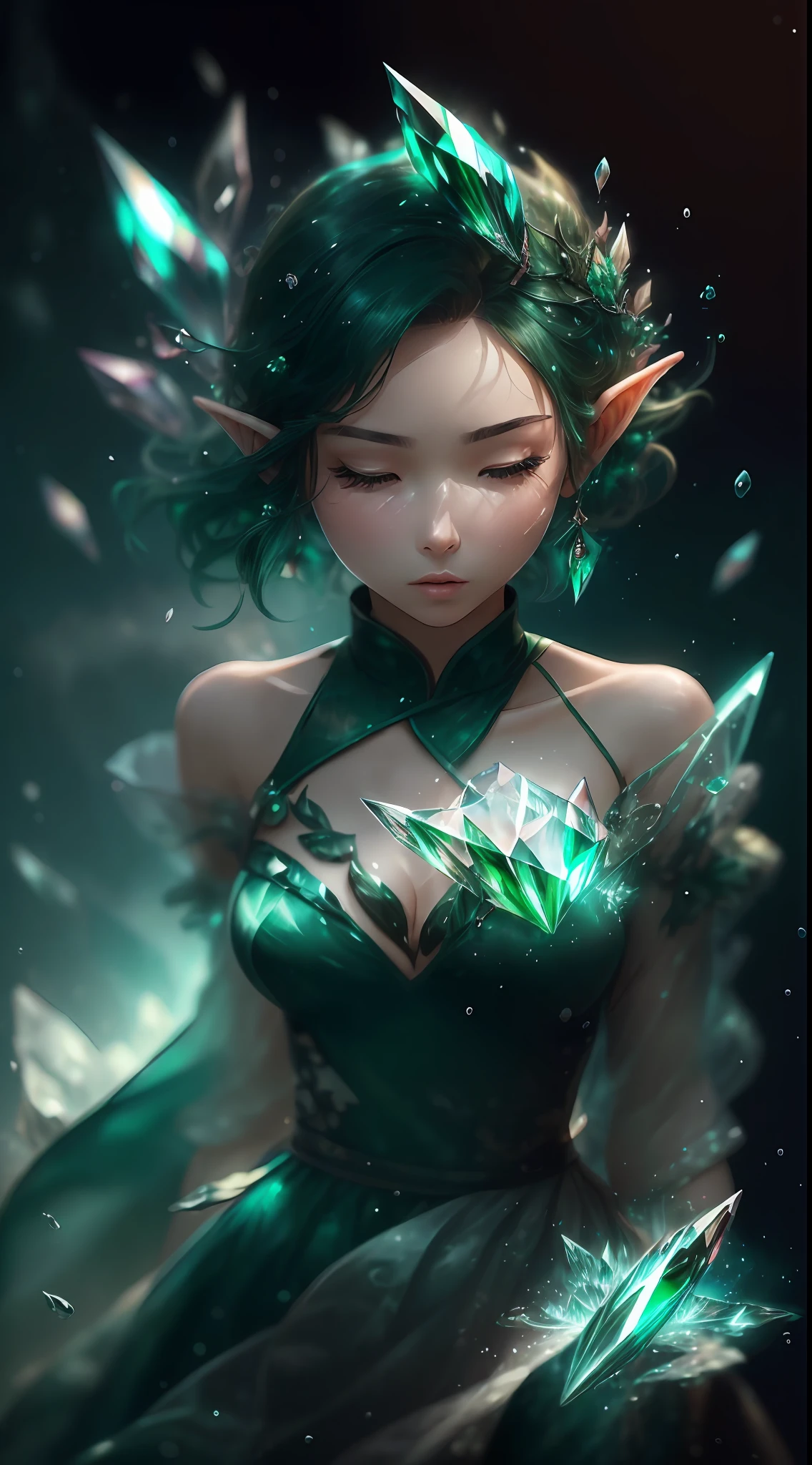 (masterpiece, top quality, best, official art, beautiful and aesthetically pleasing, long exposure: 1.2), smooth movement, attractive pattern, one girl, (long dress with sleeves: 1.3), (((green dress))), bare shoulders, Chinese girl, blush, black leaf hair, portrait, solo, upper body, looking observer, detailed background, detailed face, (crystal AI, crystal theme: 1.1), elemental elf, rotating wind, control reef, emerald clothing, dynamic pose, floating particles, ether dynamics, steam, background wilderness, green tint, volcano, ethereal atmosphere, mini skirt. Wind. Manipulate the wind. Standing. Squall. Tornado. Green wind. Manipulate the wind.