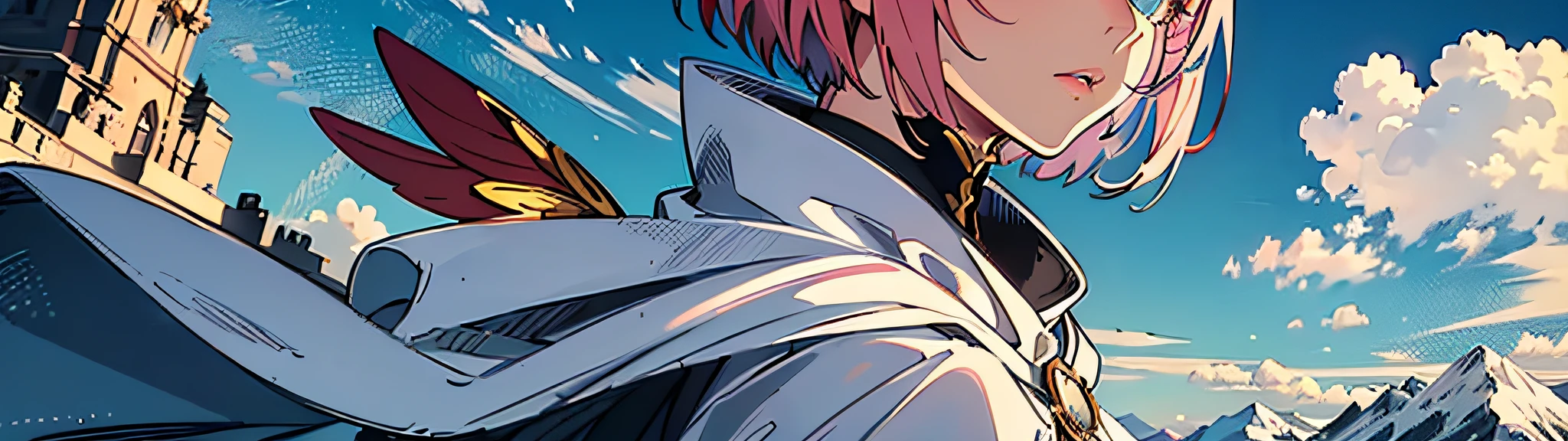 "(Ultra High Quality),(Ultra High Definition),(Superb Masterpiece),(Elf Woman with Beautiful Pink Bob Hair: 1.3)", 158cm Tall, (White Cloak: 1.2), Beautiful Eyes, ((View) Alpine Peak)", Long Shot