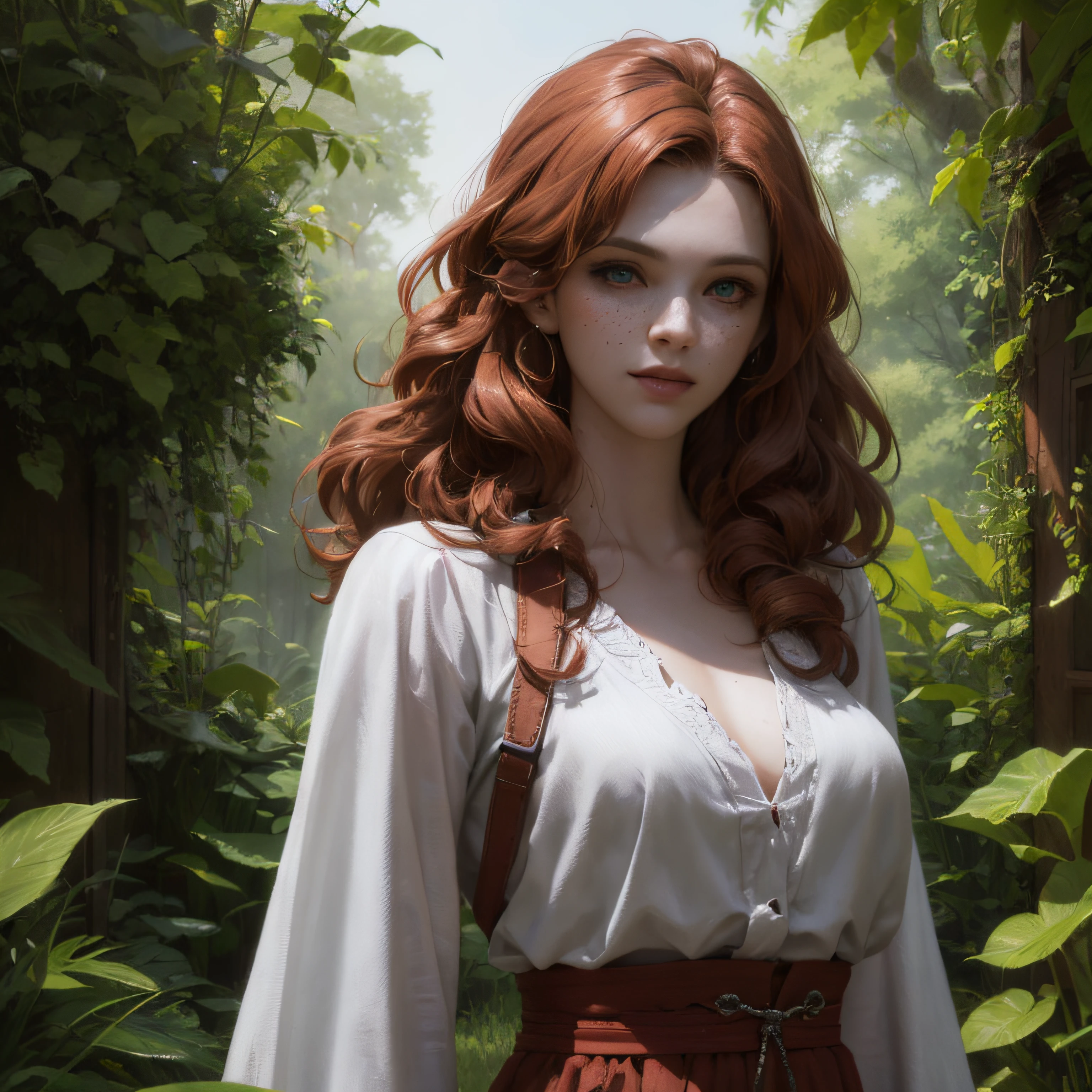 I gril, Brave Character, Merida, realistic, human, very realistic, white skin, blue eyes, large breasts, freckles on the face, smile, closed boca_, long curly full red hair, blue long dress, crude sleeves, large descotes, confident posture, standing, about 1.70 tall, illuminated environment, natural light, volumetric lighting, best quality, intricate details, tone mapping, sharp focus, hyper detailed, trend in Artstation, Natural environment, Forest --auto