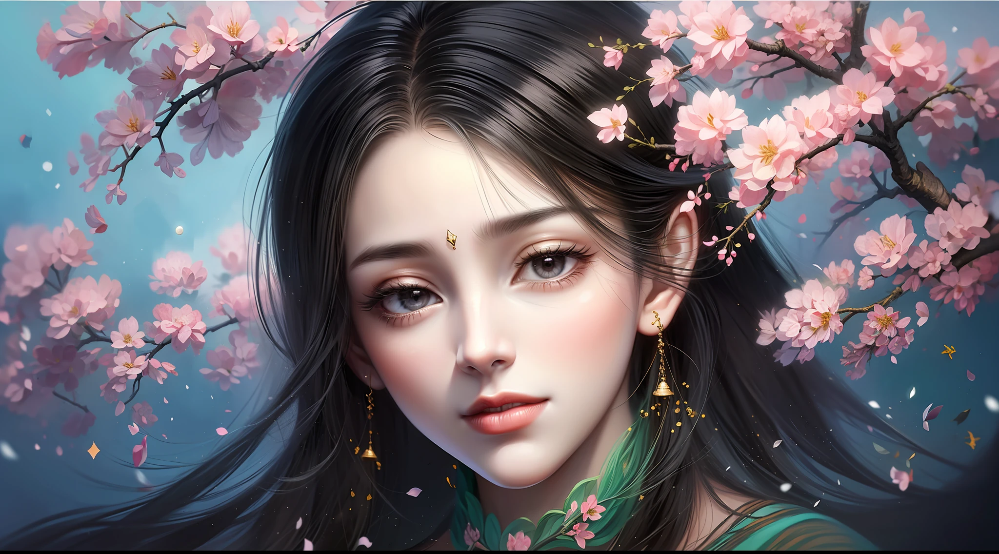 Chinese painting, gongbi painting style, ink, legend, background purple, dark purple, dark tone, crimson, lily, foreground, lily medium view, bamboo vista, (snow scene), (ancient Chinese big red Hanfu beauty standing in the sea of flowers smiling)), melon seed face, willow leaf eyebrows, cherry small mouth, (black eyes), gentle atmosphere, close-up, perfect facial features, (hair delicately depicted), (delicate facial portrayal), master works, (meticulous depiction of flowers), ultra-fine, high quality, high resolution, perfect composition, ((Masterpiece))