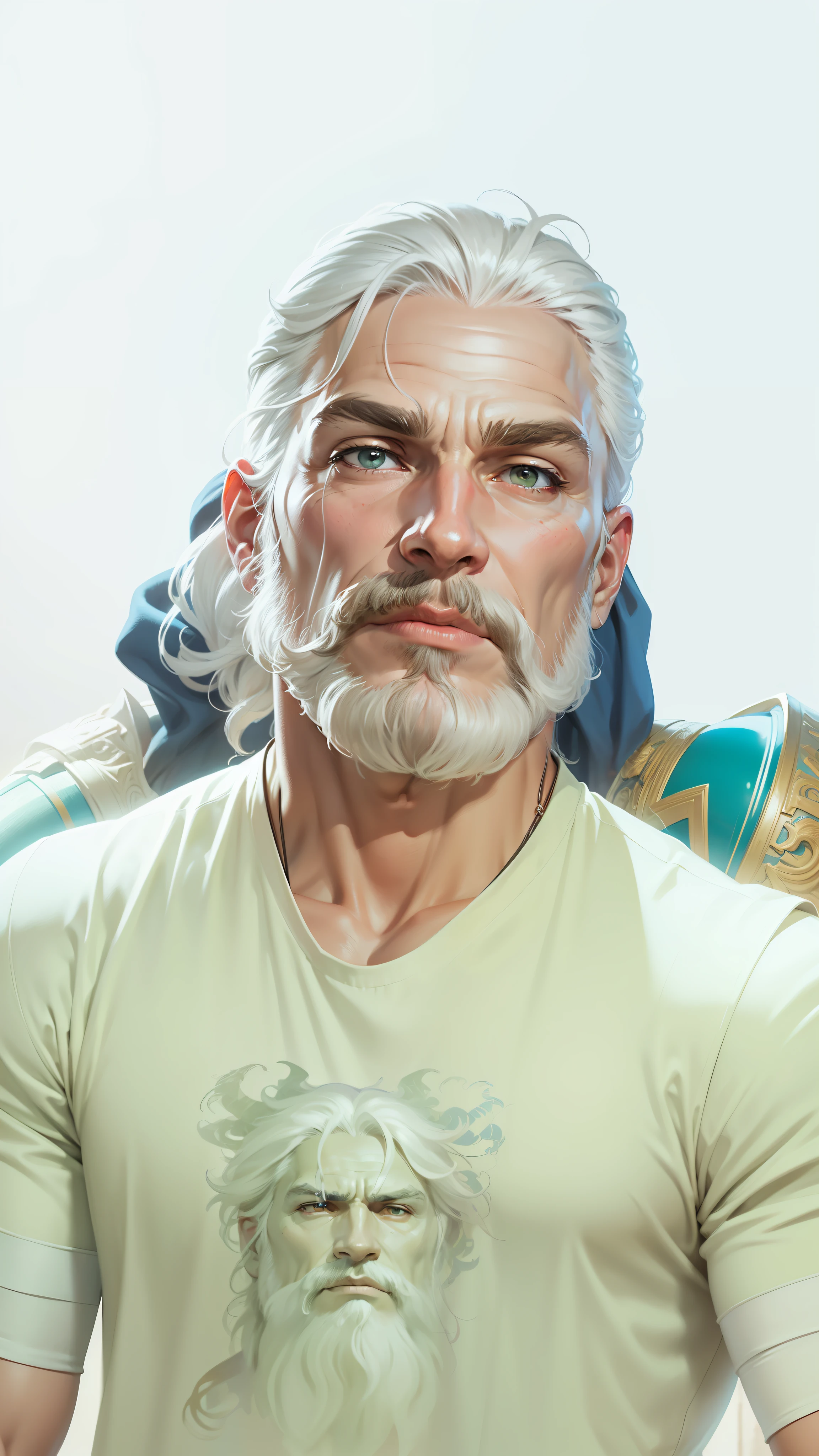 painted portrait of rugged zeus, god of thunder, greek god, on Mount Olympus, white hair, full body, mature, handsome, fantasy, intricate, elegant, highly detailed, digital painting, artstation, concept art, smooth, sharp focus, illustration, art by gaston bussiere and alphonse mucha