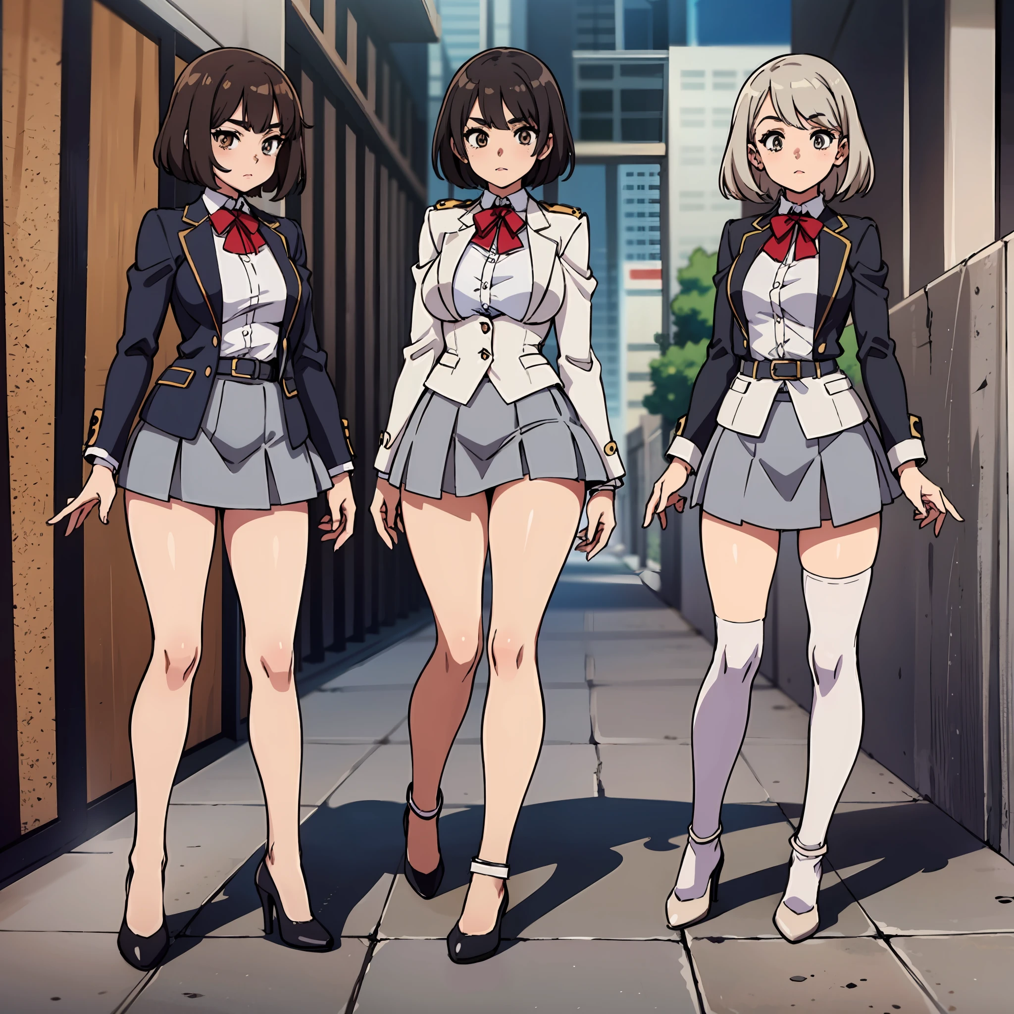 an anime style picture of the girls in the short skirts and white thigh high socks and high heels, +10girls, identical sisters, clones, hazel eyes, brown curly hair, solo, gray blazer, gray skirt, white thigh high socks, black high heels, uniform, highly detailed face, perfect feet, portrait, full body, matching hairstyle, matching outfits