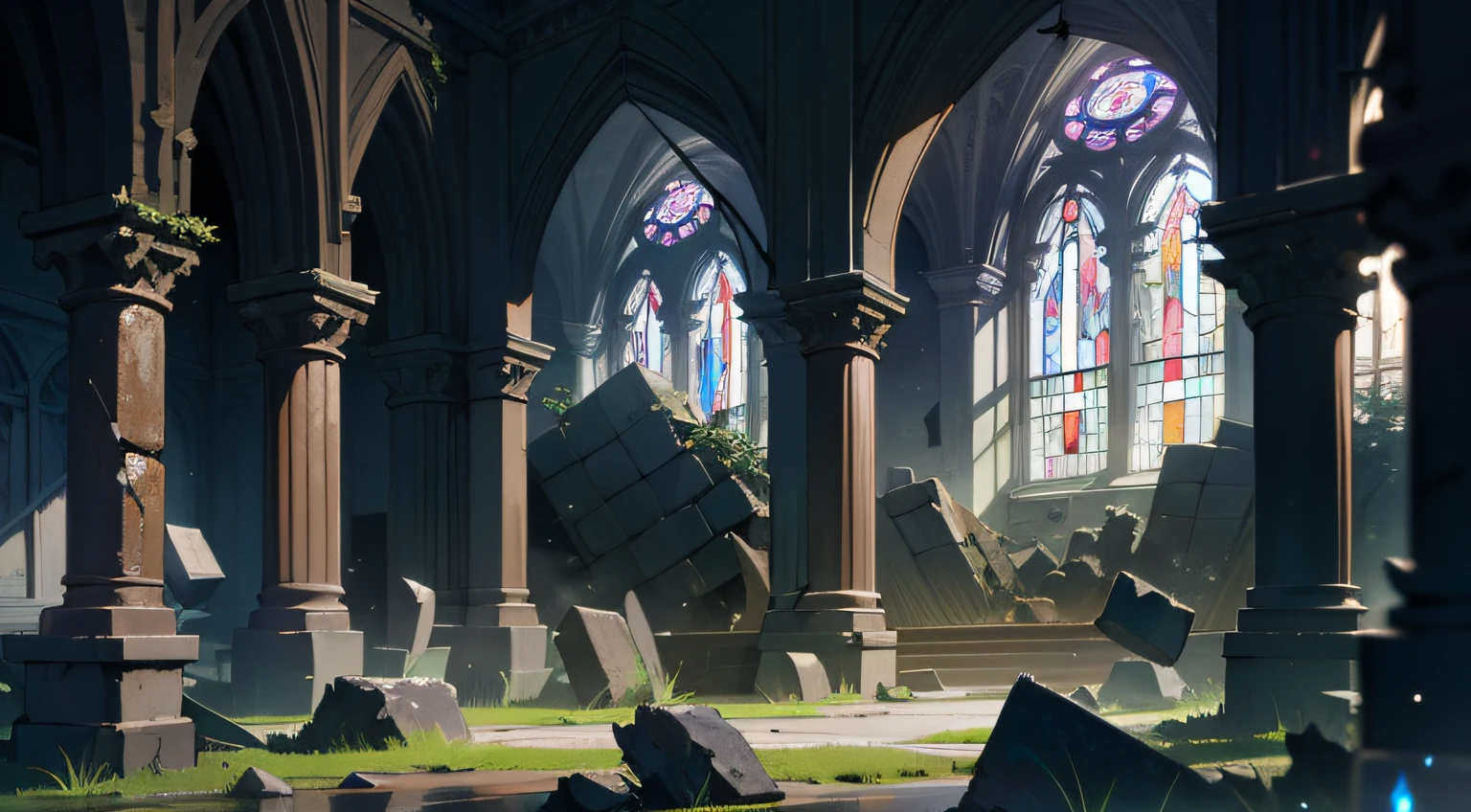 interior of an ancient castle, in disrepair, gothic, ivy-covered, ethereal atmosphere, shattered stained glass windows, floating dust particles, grand hall, rays of moonlight, crumbling walls, stone debris, fallen stone pillars, anime wallpaper, highly detailed, blurry foreground, cinematic shot