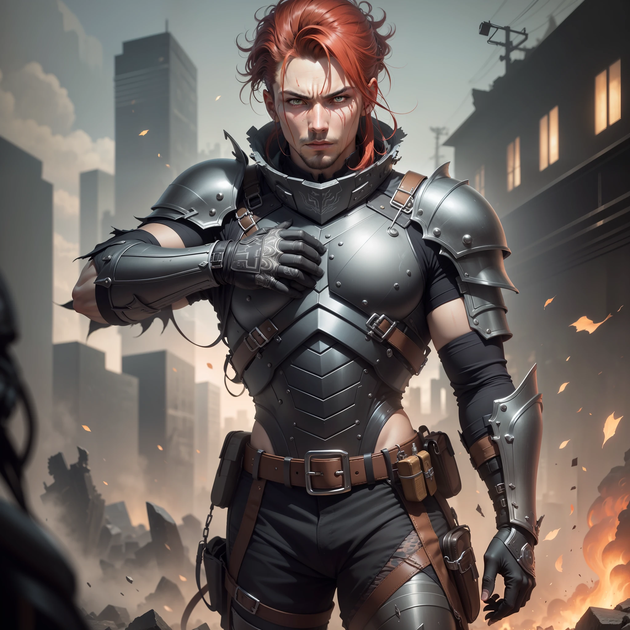 "Man with human red hair and intense yellow eyes. It has dragon scales on various parts of the body. Imposing warrior with defined muscles, a sturdy and practical armor, with details in the shape of scales. The appearance is fierce and determined. The image is an 8k wallpaper of the CG unit, extremely detailed. It is a masterpiece with better quality of 1.2 and high resolution. The illustration features a cinematic 1.1 light, with finely detailed intricate details. The art is realistic, ultra-detailed, and features better lighting and shadow. It uses 8k resolution, with detailed reflection, differentiated shadows and intricate details. The metal texture is of high quality, with metallic luster. The illustration is highly detailed, semi-realistic 1.6, with an open plan of 1.2 and Dutch angle. The composition features a cowboy shot, with an athletic male character holding a sword. The eyes are half-closed and grey. The face is very detailed, with short hair combed back. The character wears black clothing, including high-quality black tactical gear and a black tactical vest. The clothes sway in the wind, including an urban tech-wear and black gloves. The black cover is torn and highly detailed. The character has perfect hands and a beautifully detailed metallic black skull head mask. The backdrop features highly deep ruins, depth of field, and cinematic lighting. The atmosphere is one of horror and dark fantasy, with Lovecraftian elements. The punctual color is red, with blood splashing. The image is hyper-intricate and ultra-detailed, in a 4k unit with extremely detailed CG of 1.2 and 8k of 1.1. The landscape is seen widely. The art is inspired by Sui Ishida, Wenjun Lin and Stefan Morrell. It features a dystopian and apocalyptic aesthetic, with a semi-realistic, dynamic and nixeu_basic2 0.5" style.