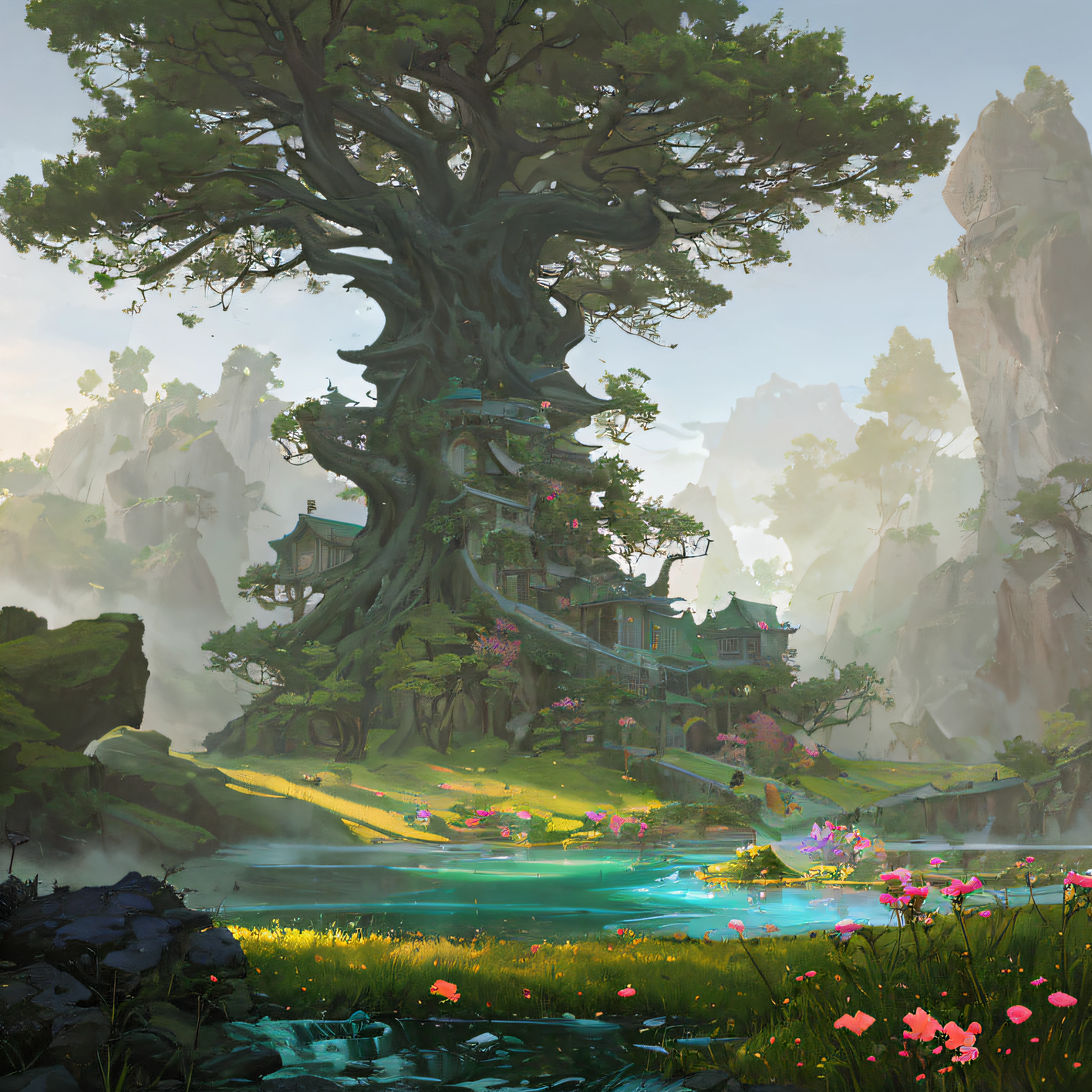 lush old tree flower, filigree, dwarf stones, vines, colorul flowers tree, grass, river stream, fantasy, hyperrealistic, dynamic lighting, hyper detailed, misty tress background, by WLOP, greg rutkowski, konstantin razumov