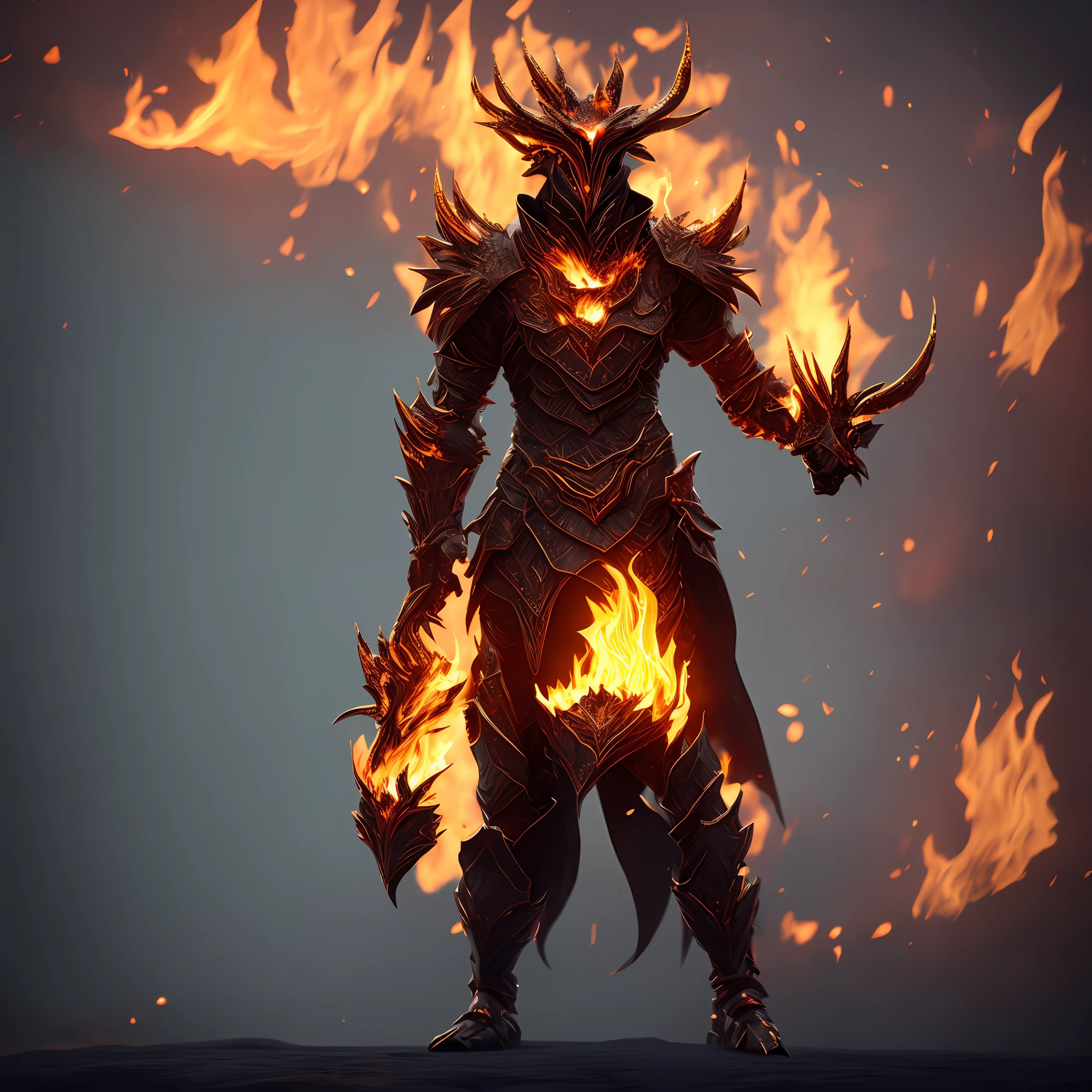 a close up of a person with a fire burning on their body, flame conjuring armored, fire demon, fire elemental, ruler of inferno, demon soul concept art, demonic dragon inspired armor, fire!! full body, red demon armor, demon armor, appears as the fire goddess, lava and fire goddess, 3 d render character art 8 k