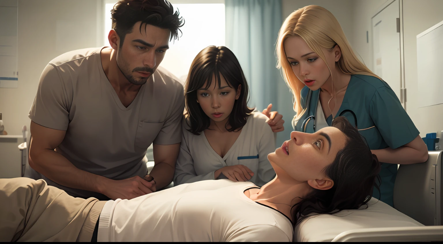 Man Awking Up in Hospital Room with His Family Associates Looking at Him