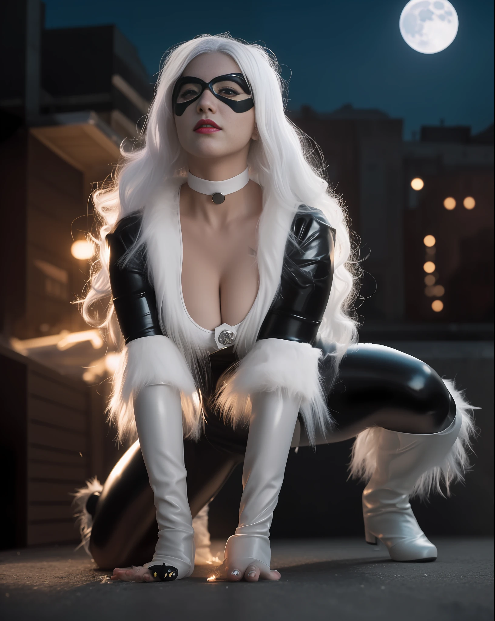 (cinematic masterpiece), realistic, Fujifilm X-T4, low ISO, fast shutter speed, HDR, highly detailed, 8k,
occlusion of the environment, natural composition, harmonious, cinematic poster of Felicia "Black Cat" female Marvel character Sexy, white hair, wearing mask of the costume "Black Cat", in dynamic and sensual pose, on top of a building under the moonlight in New York, holding a diamond in her hand, Wearing a costume in black latex with white hair. Warm body, detailed, detailed face, big chests, glowing skin, cinematic lighting.