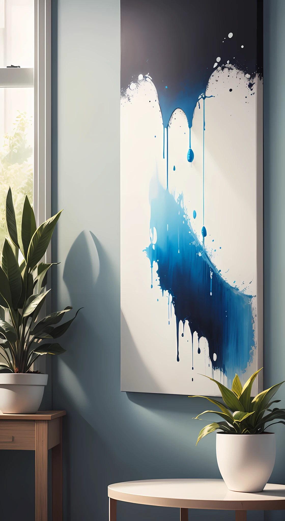 painting of a blue and white painting on a wall next to a potted plant, placed in a living room, abstract minimalist painting, painting for a wall, minimalistic art, minimalist painting, minimalistic painting, abstract painting, minimalist abstract art, a minimalist painting, abstract acrylic painting, acrylic art, canvas painting, painting on canvas, elegant and refined painting --auto