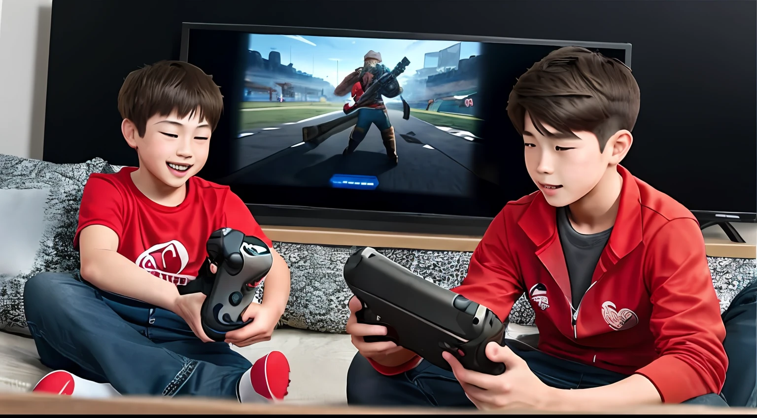 2 boys, playing video game, room, nintendo switch