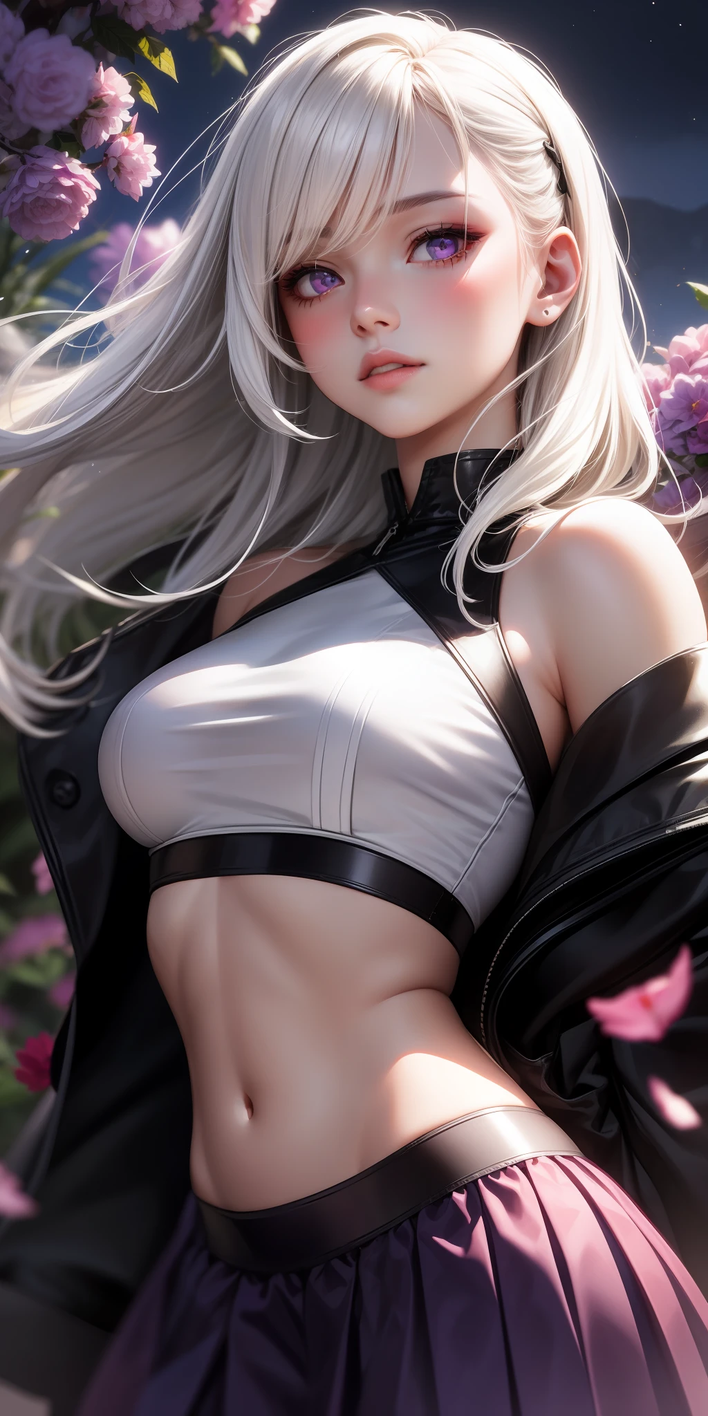 realistic, 1girl, white hair, purple eyes, glowing eyes, crop top, skirt, parted lips, blush, night, flowers, sun, sunlight,